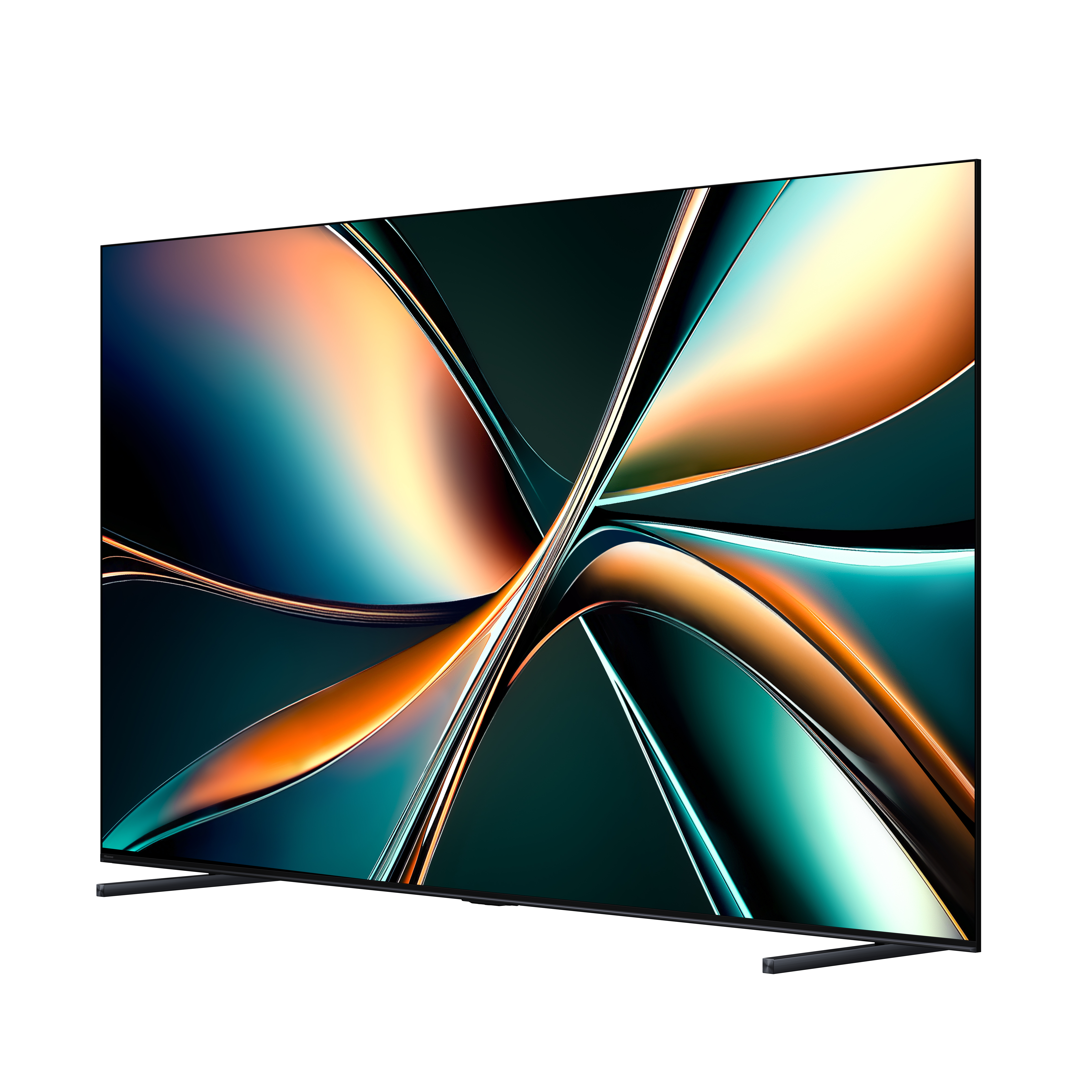 Ein moderner Fernseher ist nach links abgewinkelt. Sein Bildschirm zeigt ein farbenfrohes, abstraktes Muster. Schwarzer Ständer und Rahmen sind sichtbar.