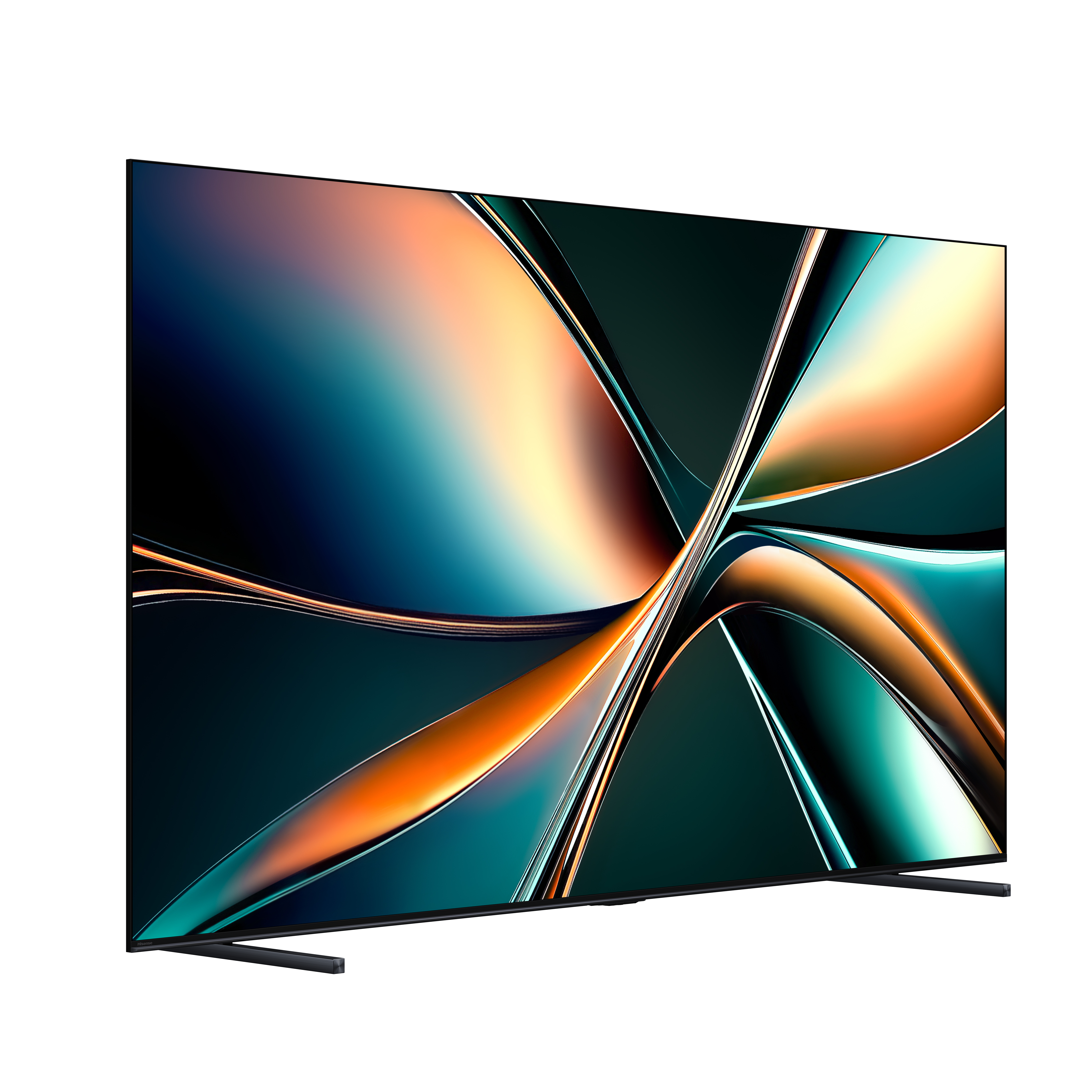 Ein großer, schlanker Fernseher mit einer lebendigen, abstrakten Anzeige aus teal-, orange- und dunkelblauen Wellen.