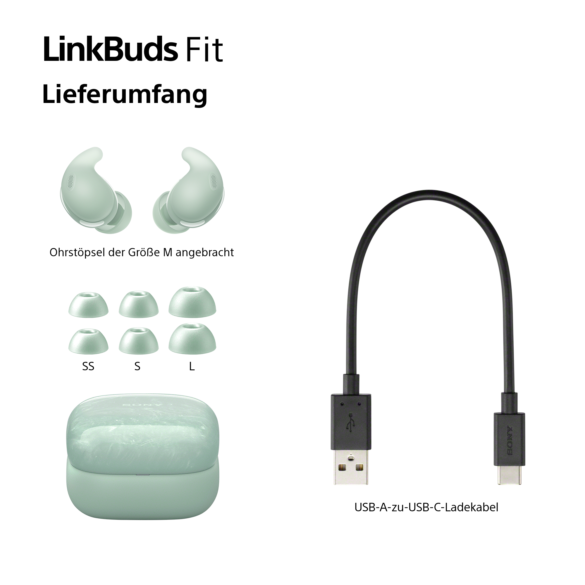 Das Bild zeigt LinkBuds Fit-Komponenten: Ohrhörer, Ohrstöpsel (SS, S, L), Ladeetui und USB-C-Kabel, alles auf weißem Hintergrund.