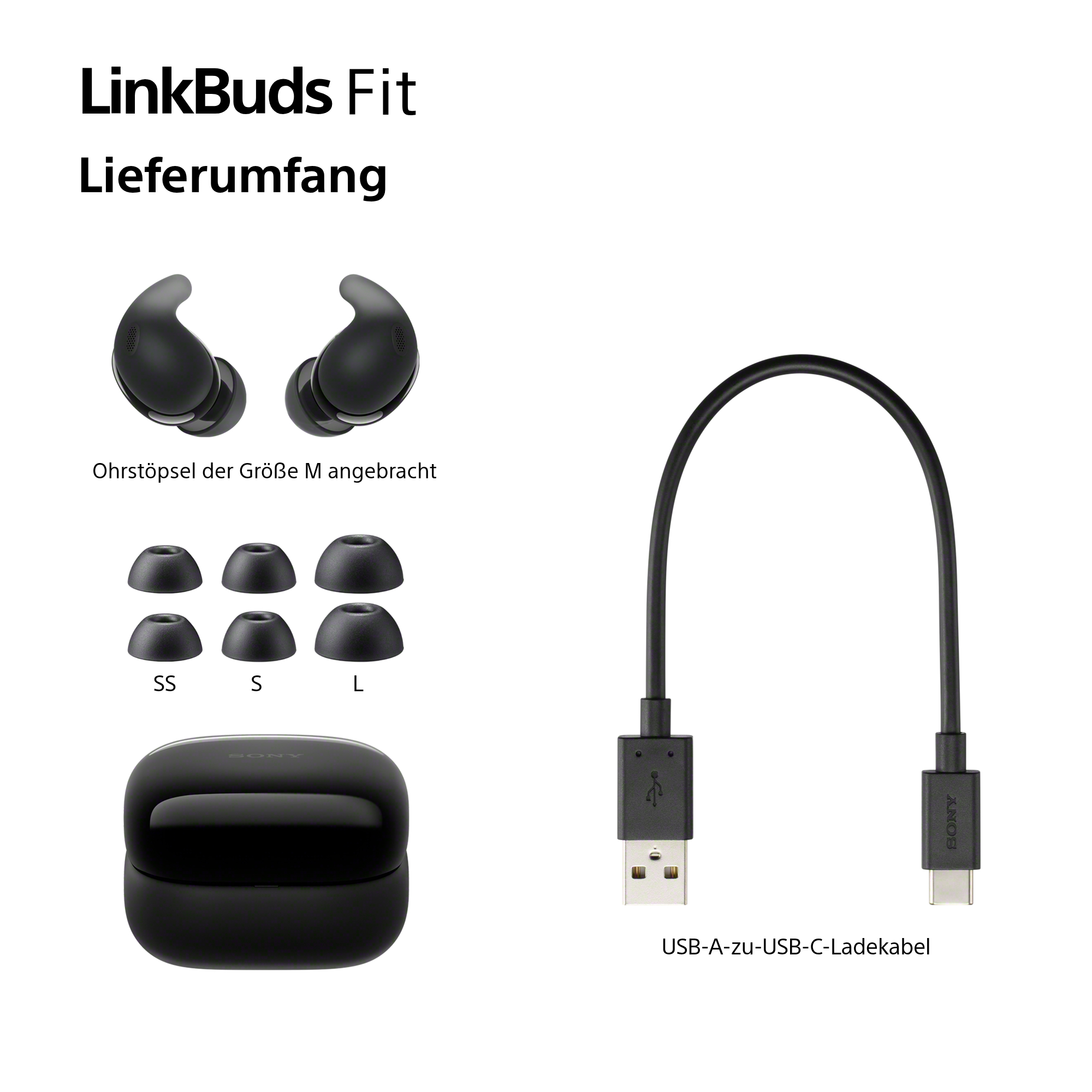 Das Bild zeigt schwarze Ohrhörer, Ohrstöpsel (SS, S, L), ein Ladecase und ein USB-A-zu-USB-C-Ladekabel.