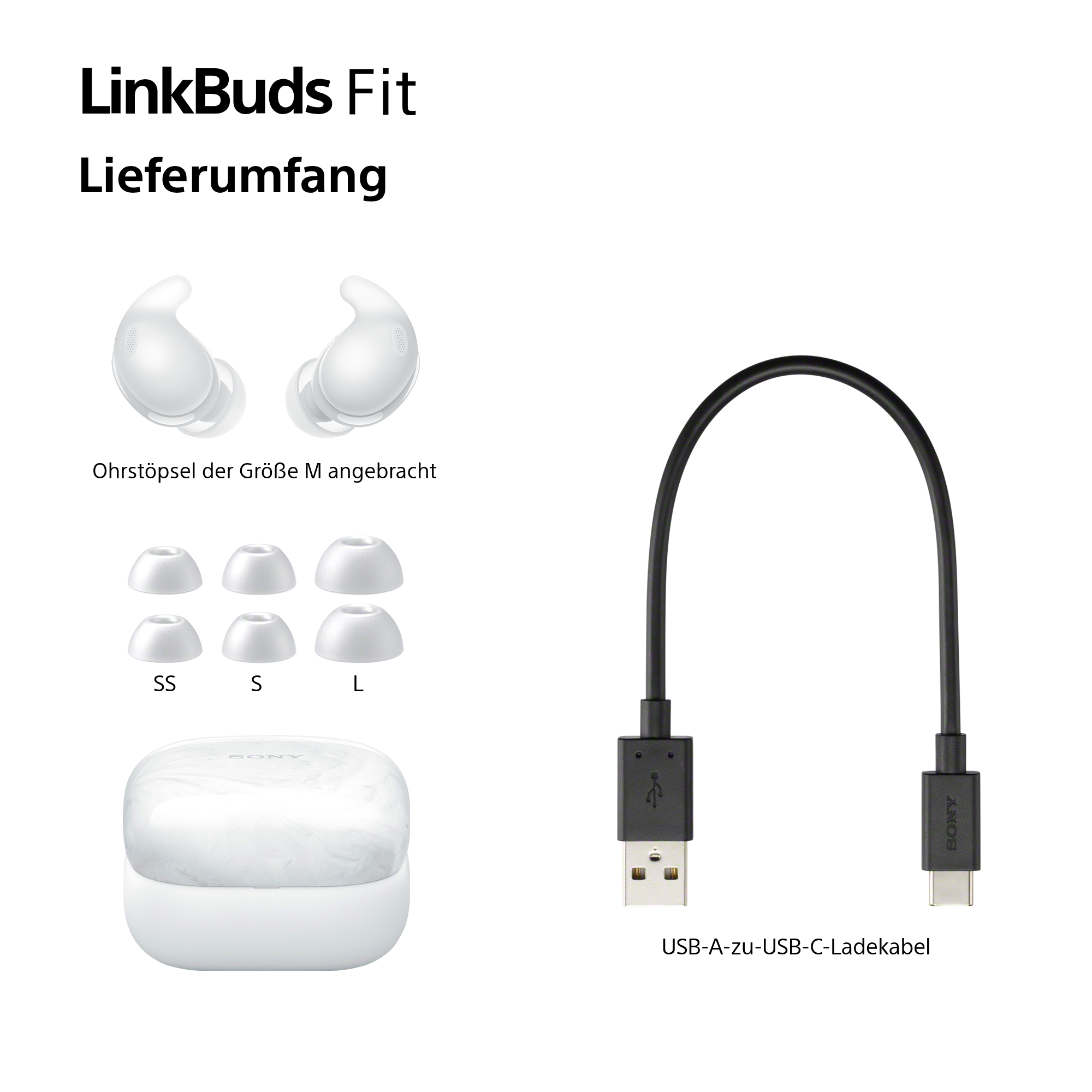Das Bild zeigt LinkBuds Fit mit Ohrhörern, Ohrstöpseln (SS, S, L), Ladecase und einem USB-A-zu-USB-C-Ladekabel.