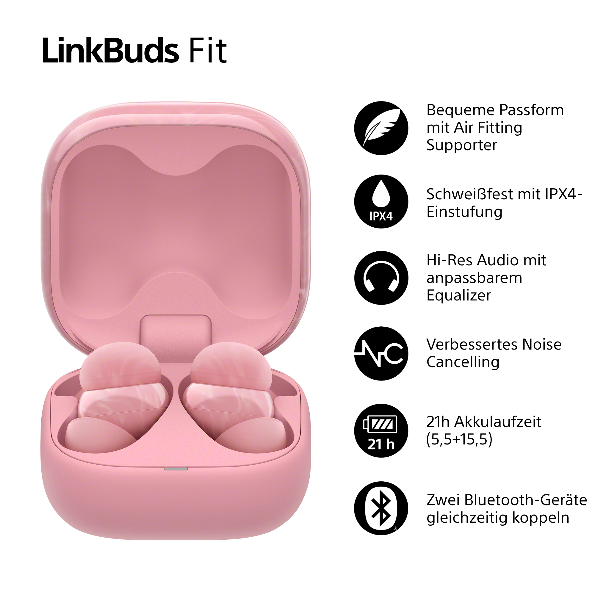 Pinke LinkBuds Fit-Ohrhörer in einem Etui, mit Funktionssymbolen: schweißfest, Geräuschunterdrückung, 21h Akku, Bluetooth.