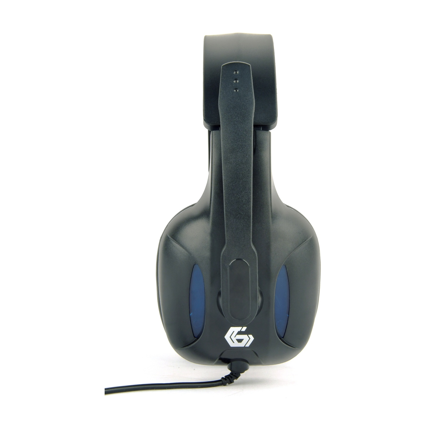 Cuffie da gaming nere con dettagli blu e logo, su sfondo bianco. Un cavo si estende dal basso.