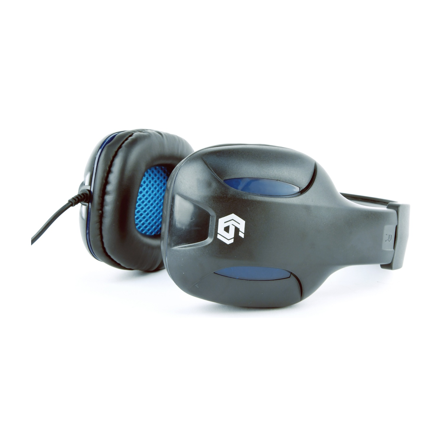 Cuffie da gioco nere su sfondo bianco. Caratterizzate da interno in mesh blu e logo sull'auricolare destro.