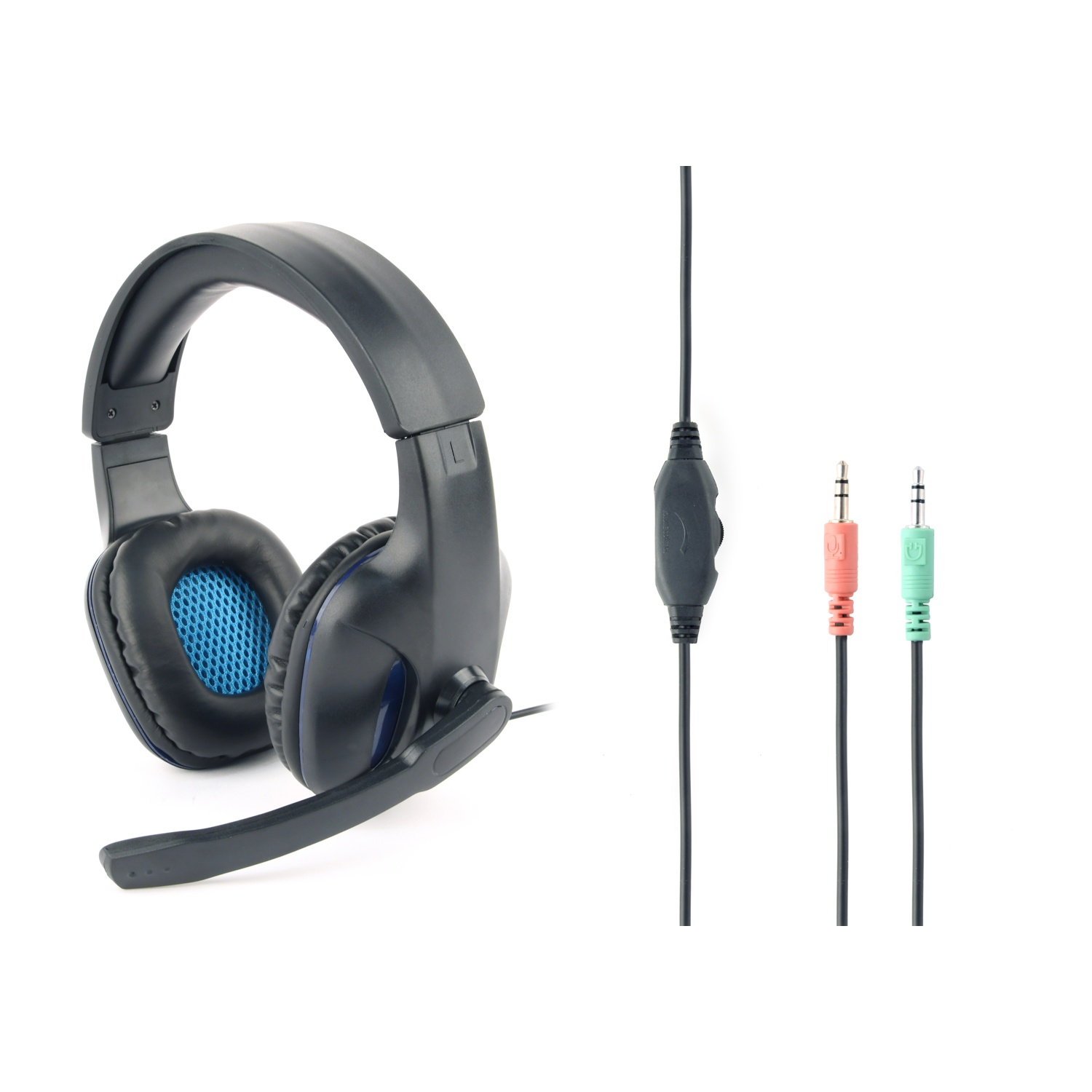 Cuffie da gioco nere e blu con microfono, controllo volume e due jack audio su sfondo bianco.
