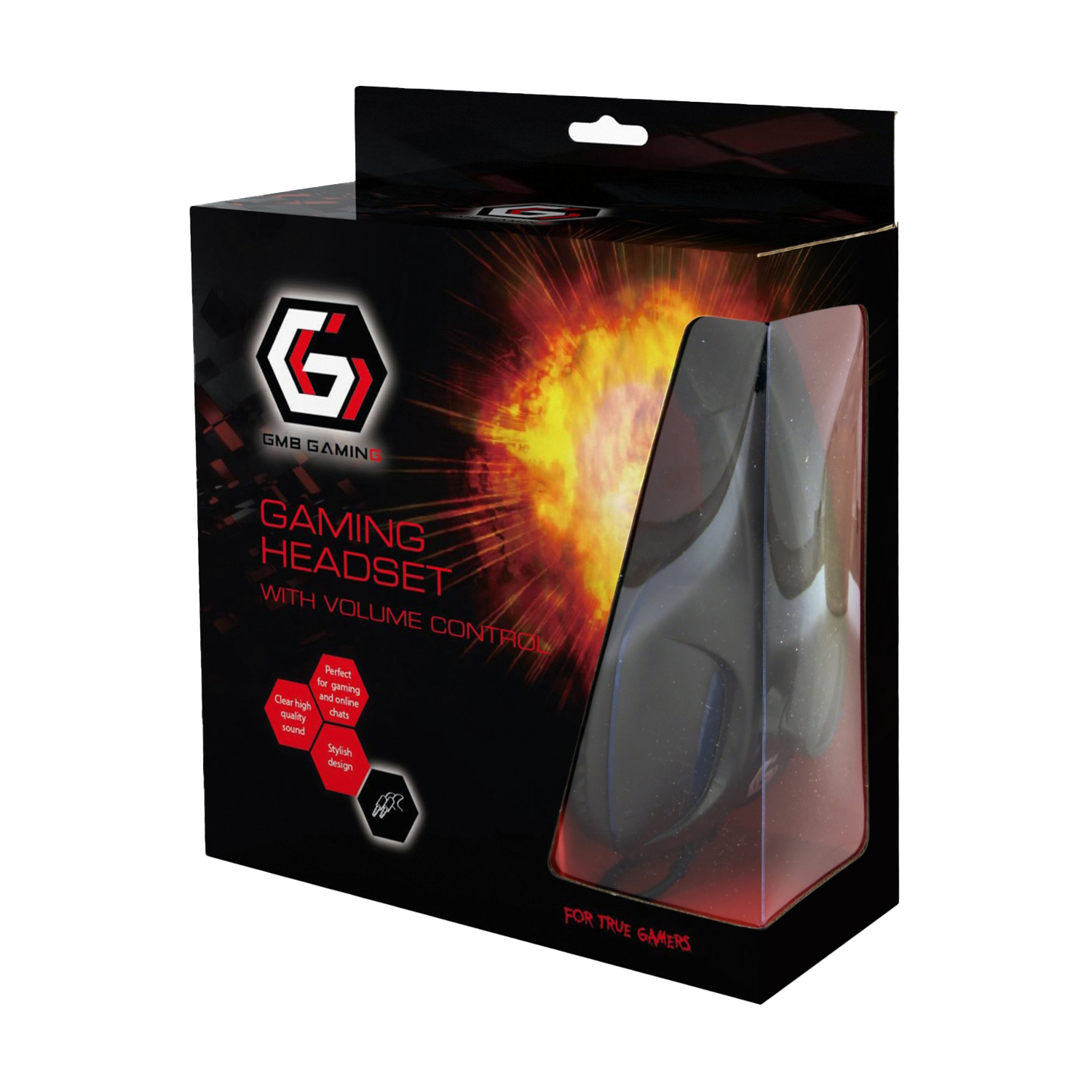 Un'auricolare da gioco nera in una scatola. La scatola ha testo rosso e bianco. La scatola ha anche un logo e la scritta 'FOR TRUE GAMERS'.