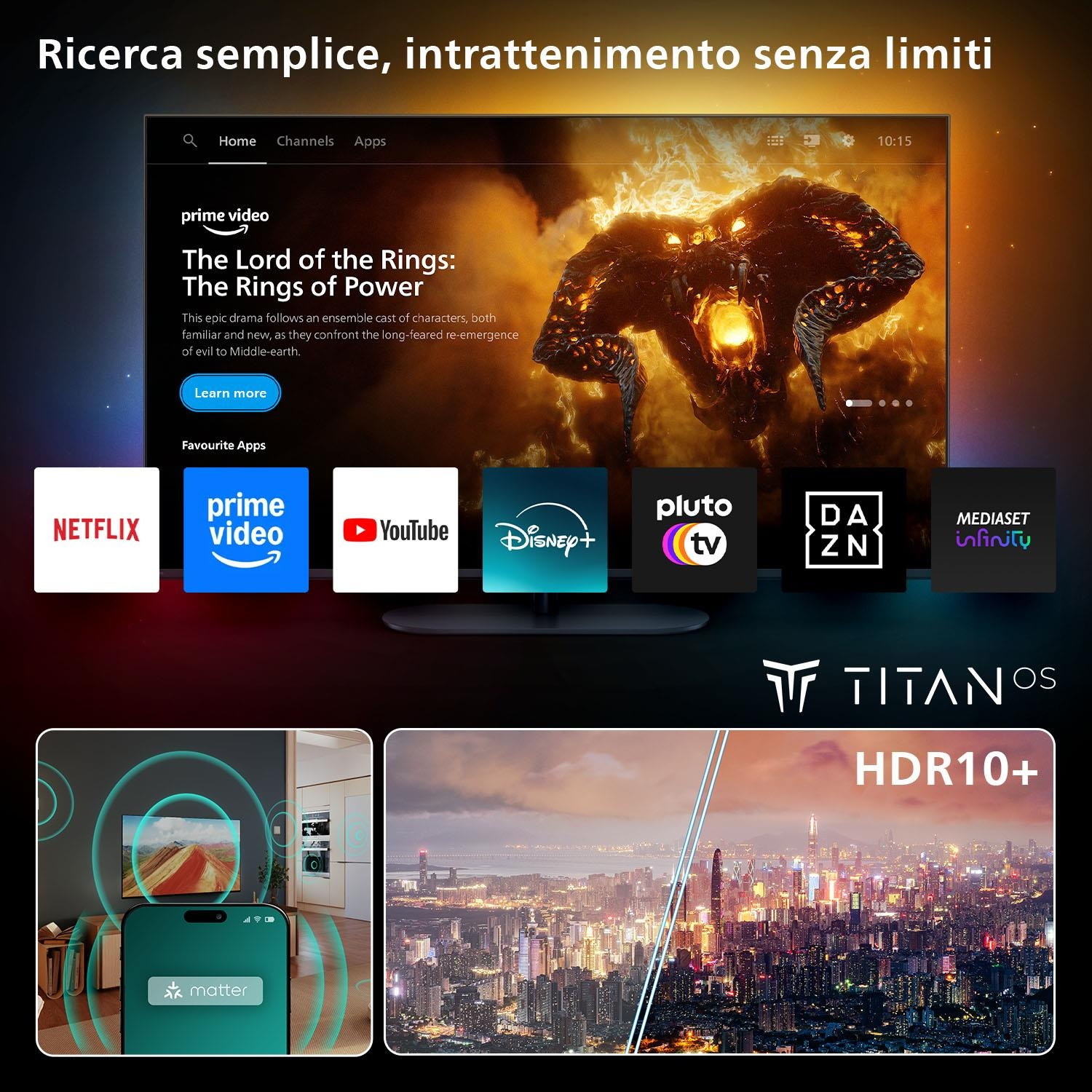 Schermo TV con "Il Signore degli Anelli". App: Netflix, Prime Video, YouTube, Disney+, Pluto TV, DAZN e Mediaset Infinity.