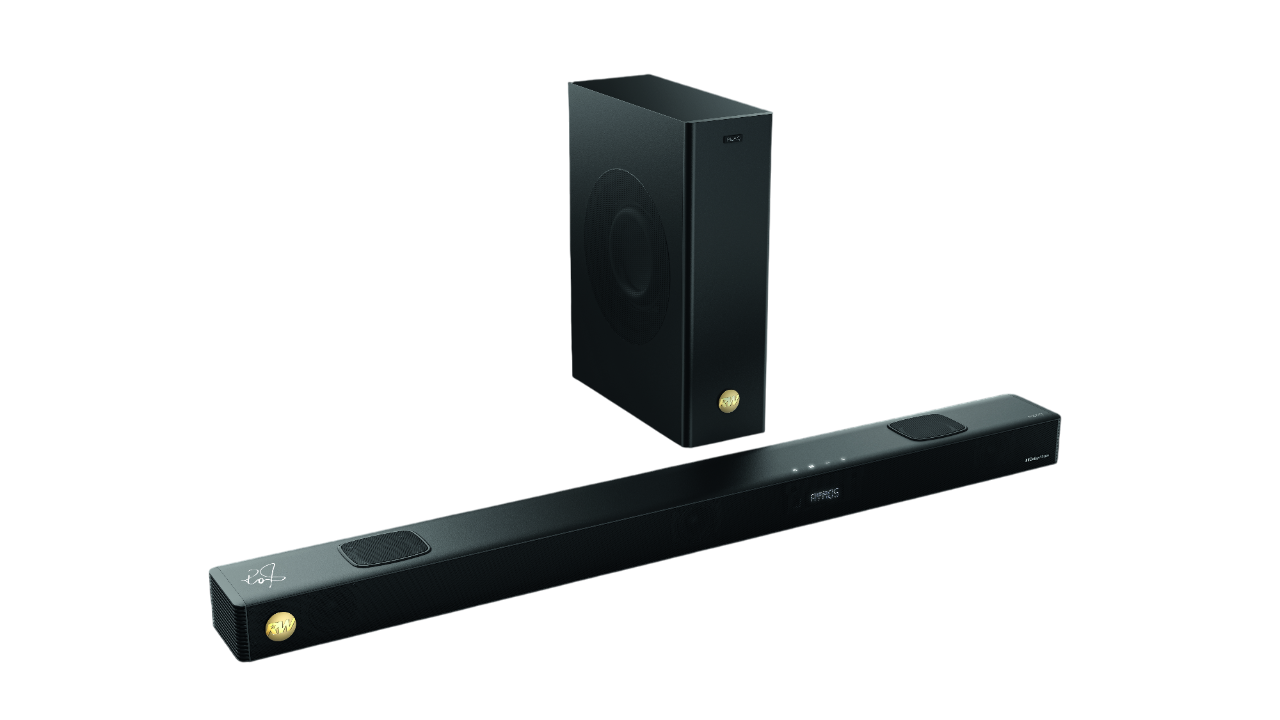 Ein schwarzes Soundbar- und Subwoofer-Set vor schwarzem Hintergrund. Die Soundbar ist horizontal, der Subwoofer vertikal.