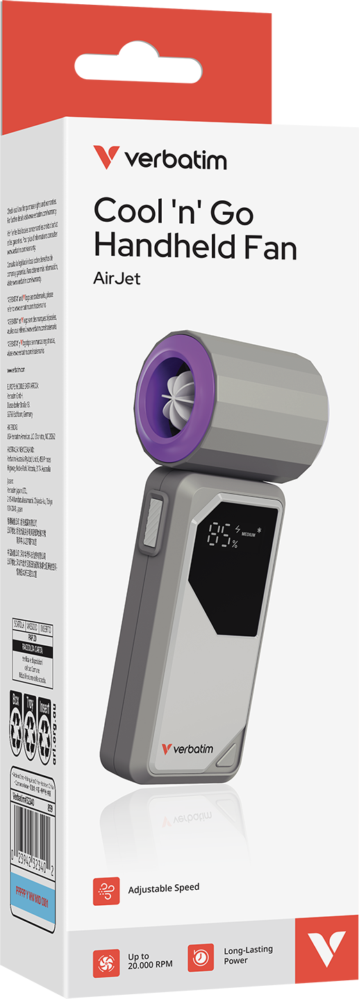 A Verbatim Cool 'n' Go kézi ventilátor doboza látható. A ventilátor szürke és lila.