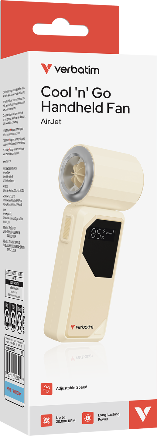 Egy kézi ventilátor doboza, bézs színben, digitális kijelzővel. A dobozon a Verbatim márkanév és a ventilátor neve látható.