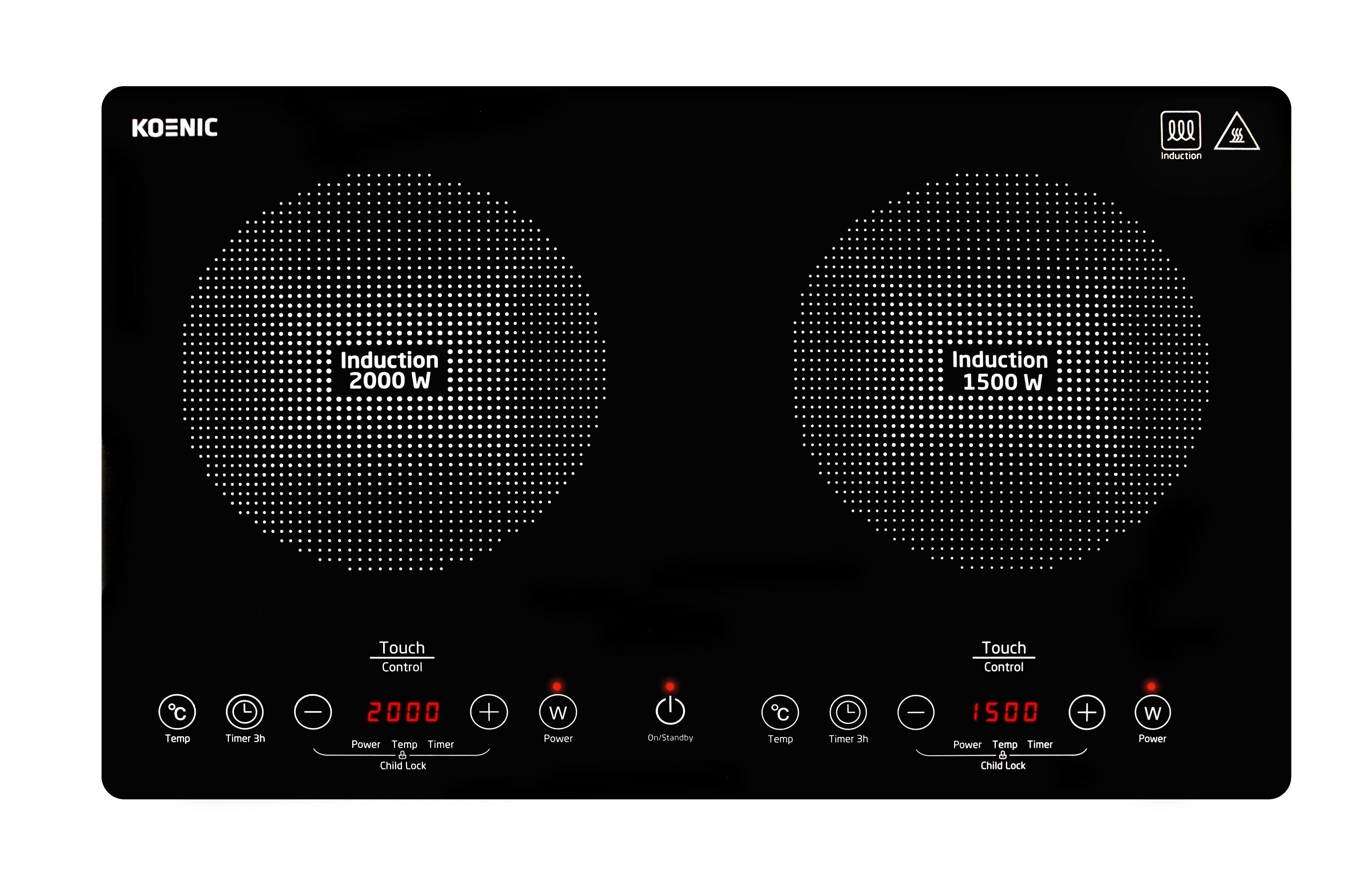 Czarna płyta indukcyjna z dwoma palnikami, białymi kropkami i czerwonym wyświetlaczem cyfrowym. Zawiera funkcje zasilania i timera.