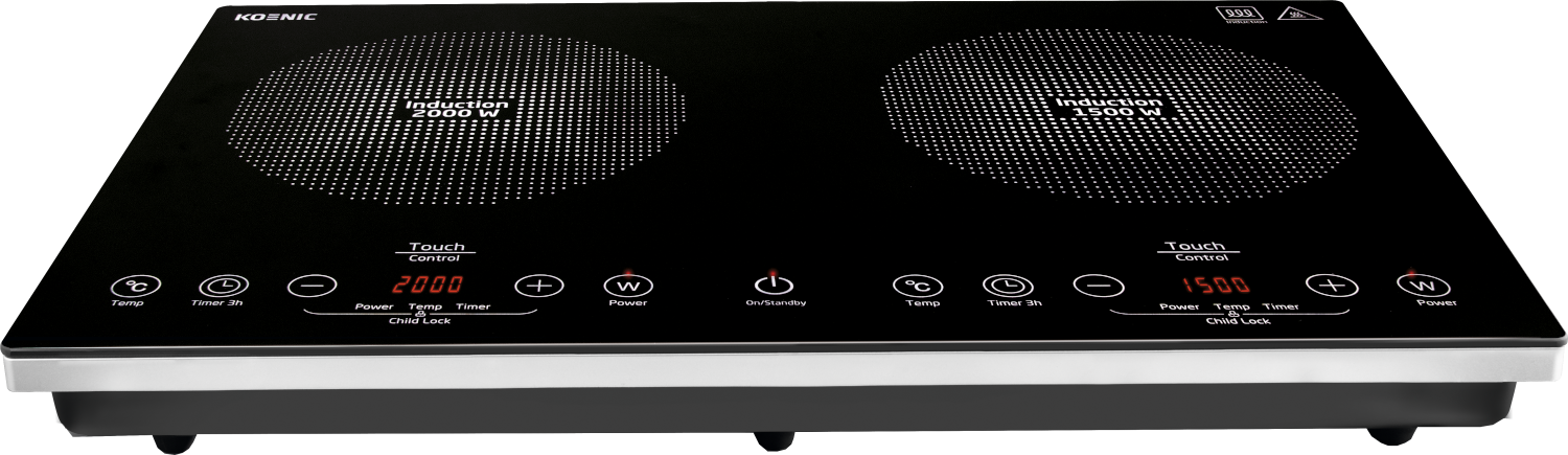 Czarna płyta indukcyjna z dwoma palnikami. Posiada sterowanie dotykowe i wyświetlacze cyfrowe. Tekst zawiera moc i temperaturę.