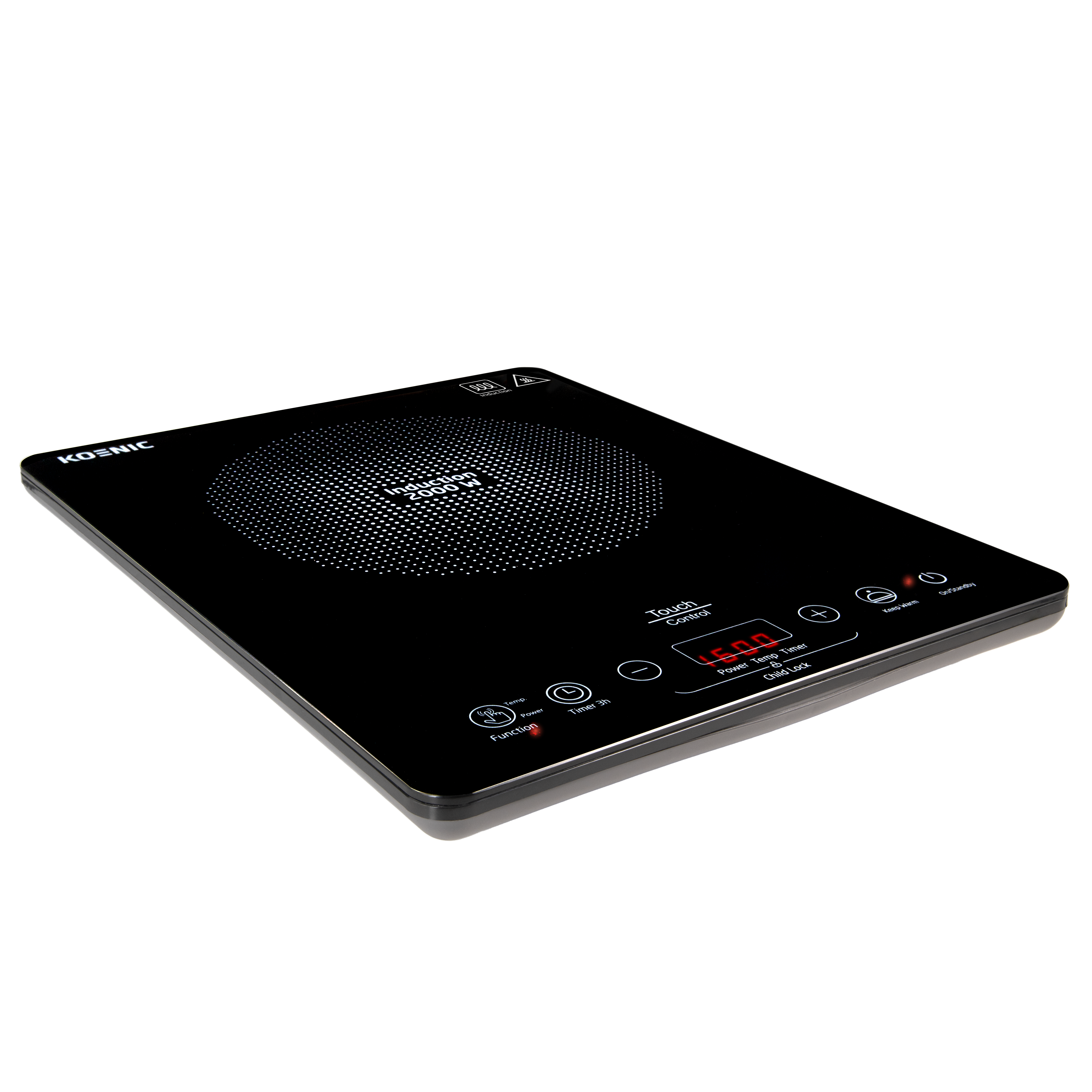 Black induction cooktop. It has touch controls, a digital display, and the brand name Kosnic. On a black background.