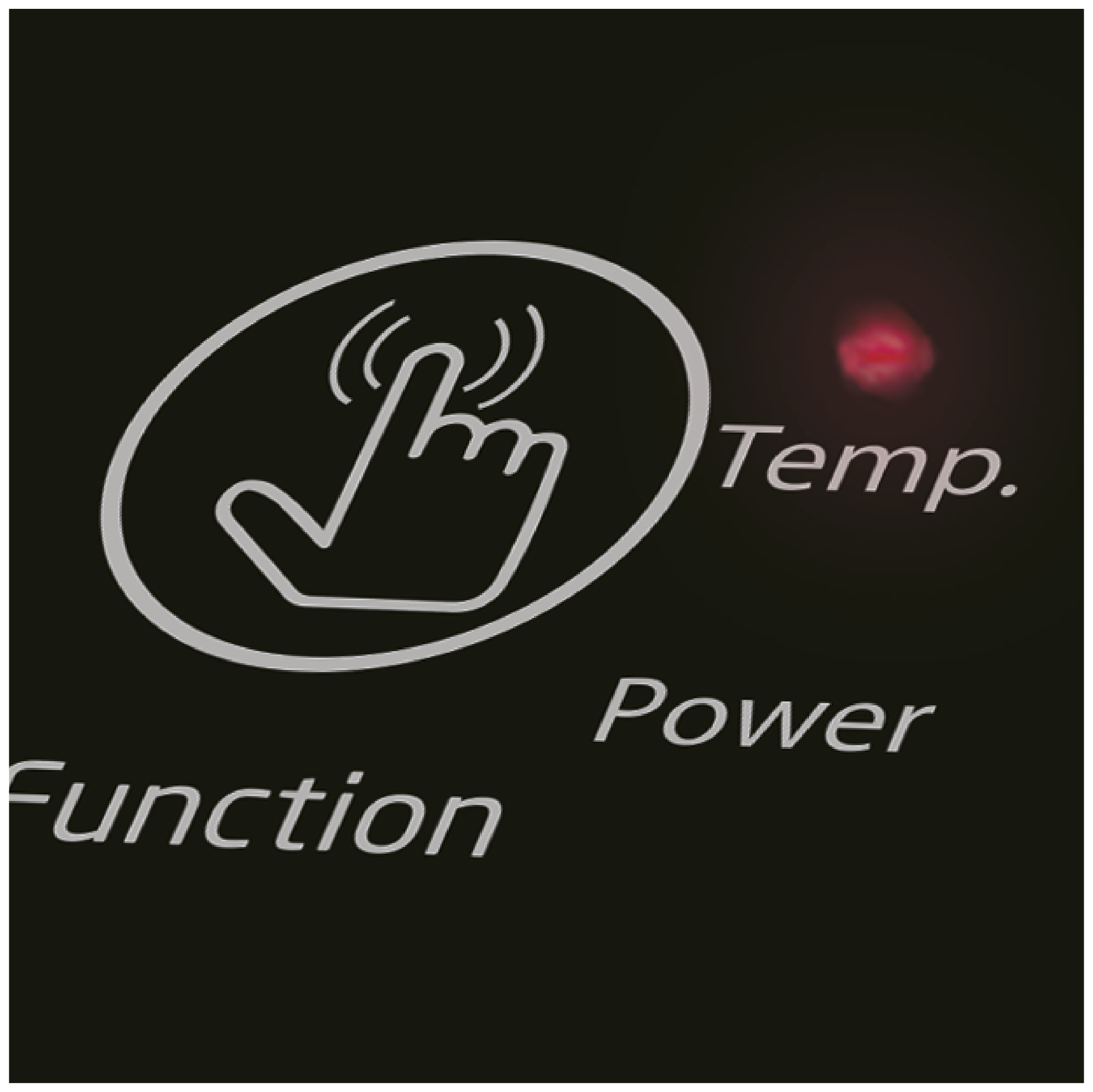 Czarna powierzchnia z białym tekstem i ikoną dotyku. U góry czerwone światło. Tekst zawiera: Funkcja, Moc i Temp.