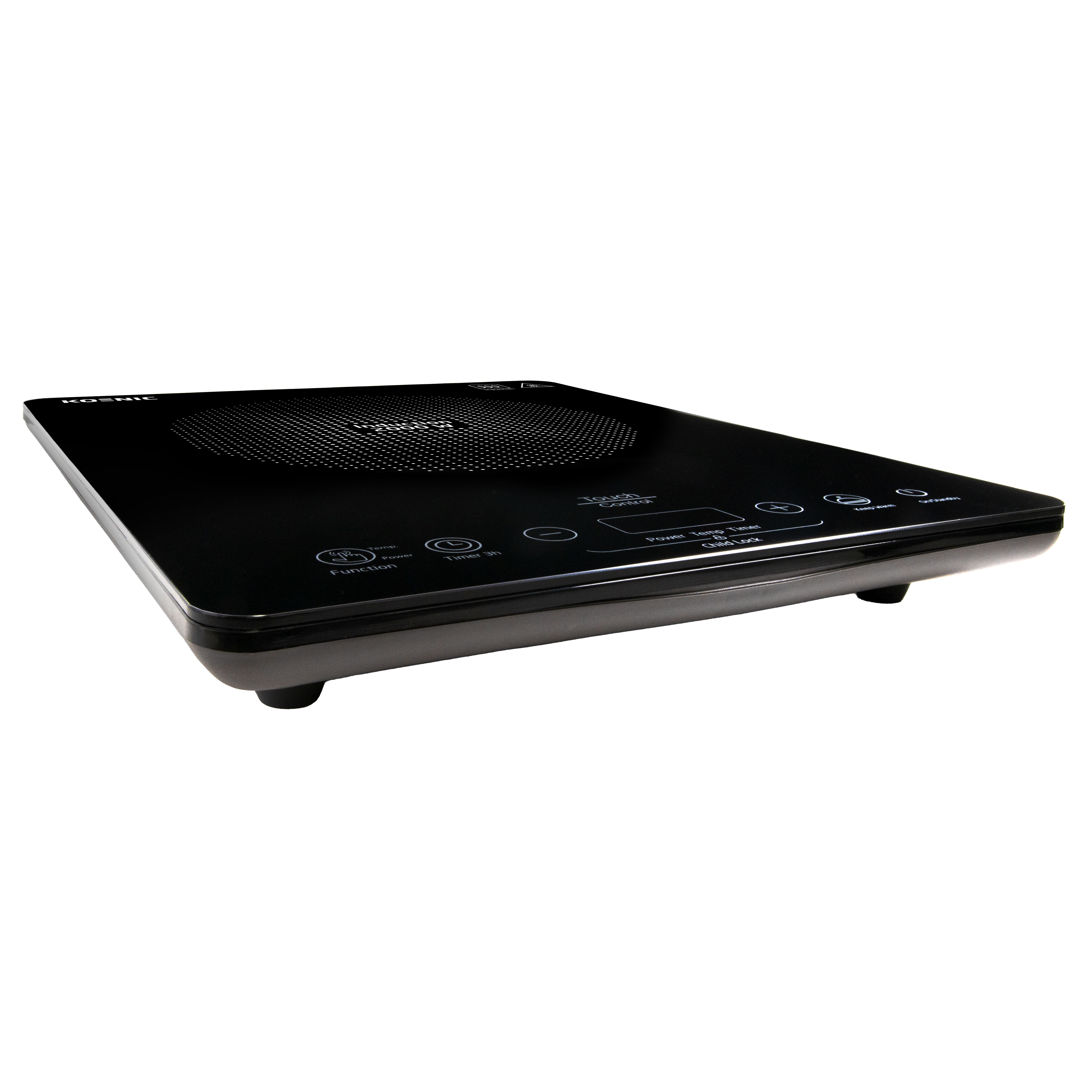 A black induction cooktop with touch controls is against a black background. It has a silver trim and four small feet.
