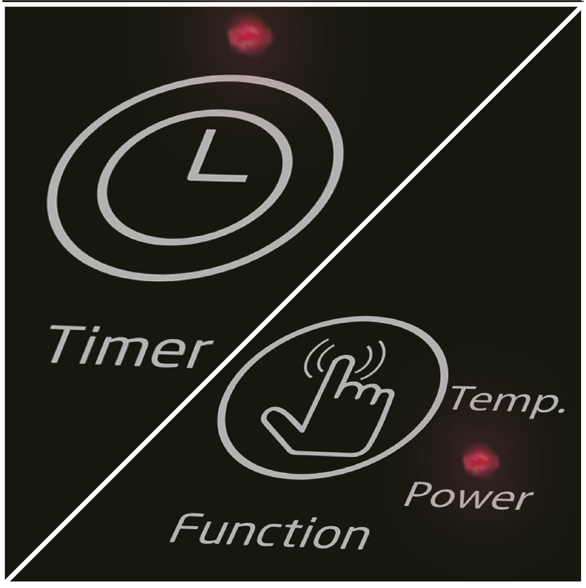 Czarny panel z ikonami timera i funkcji. Timer ma ikonę zegara. Funkcja ma ikonę dotyku. Czerwone światło zasilania.