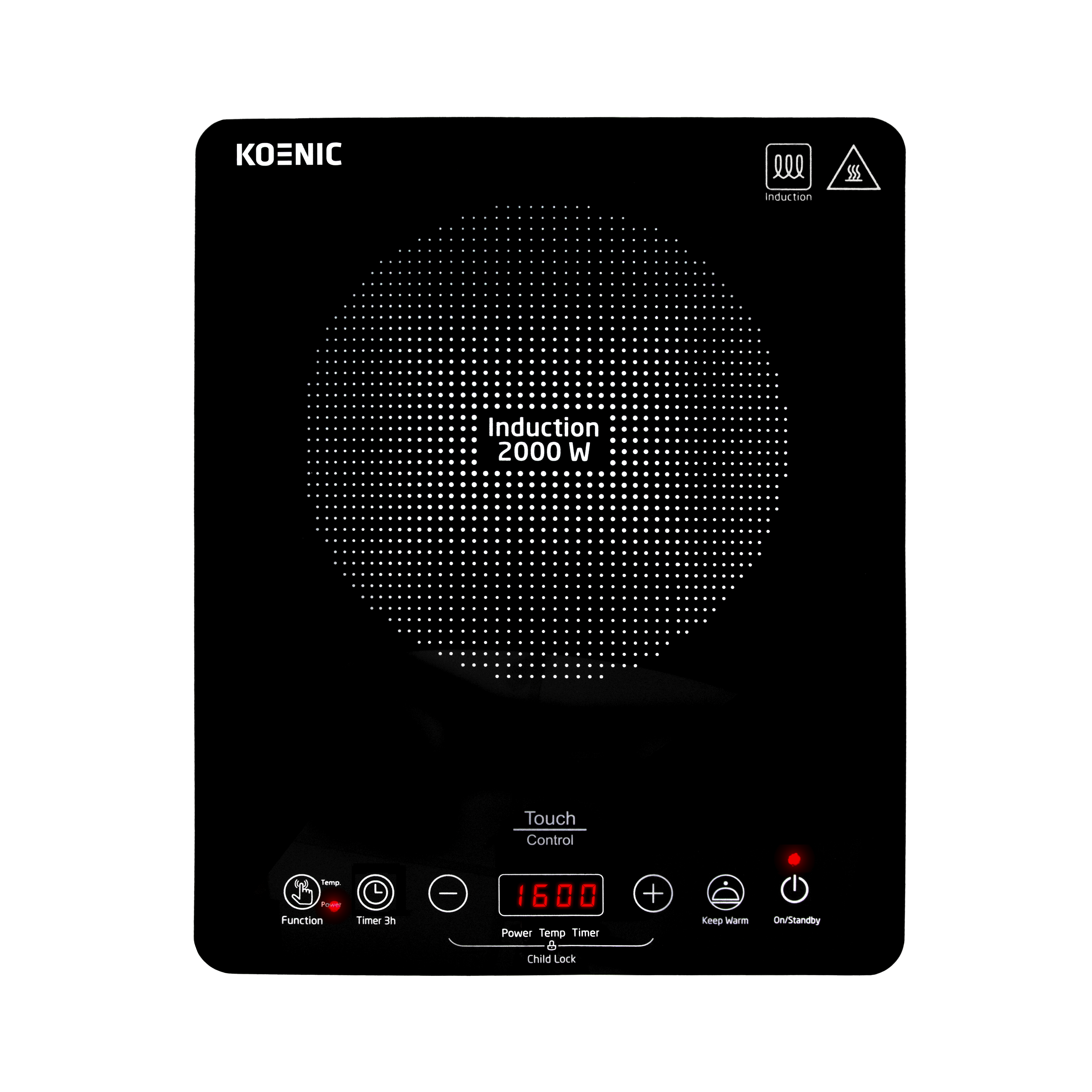 Black induction stove with white dots, control panel, and red power indicator. Features touch controls and a digital display.