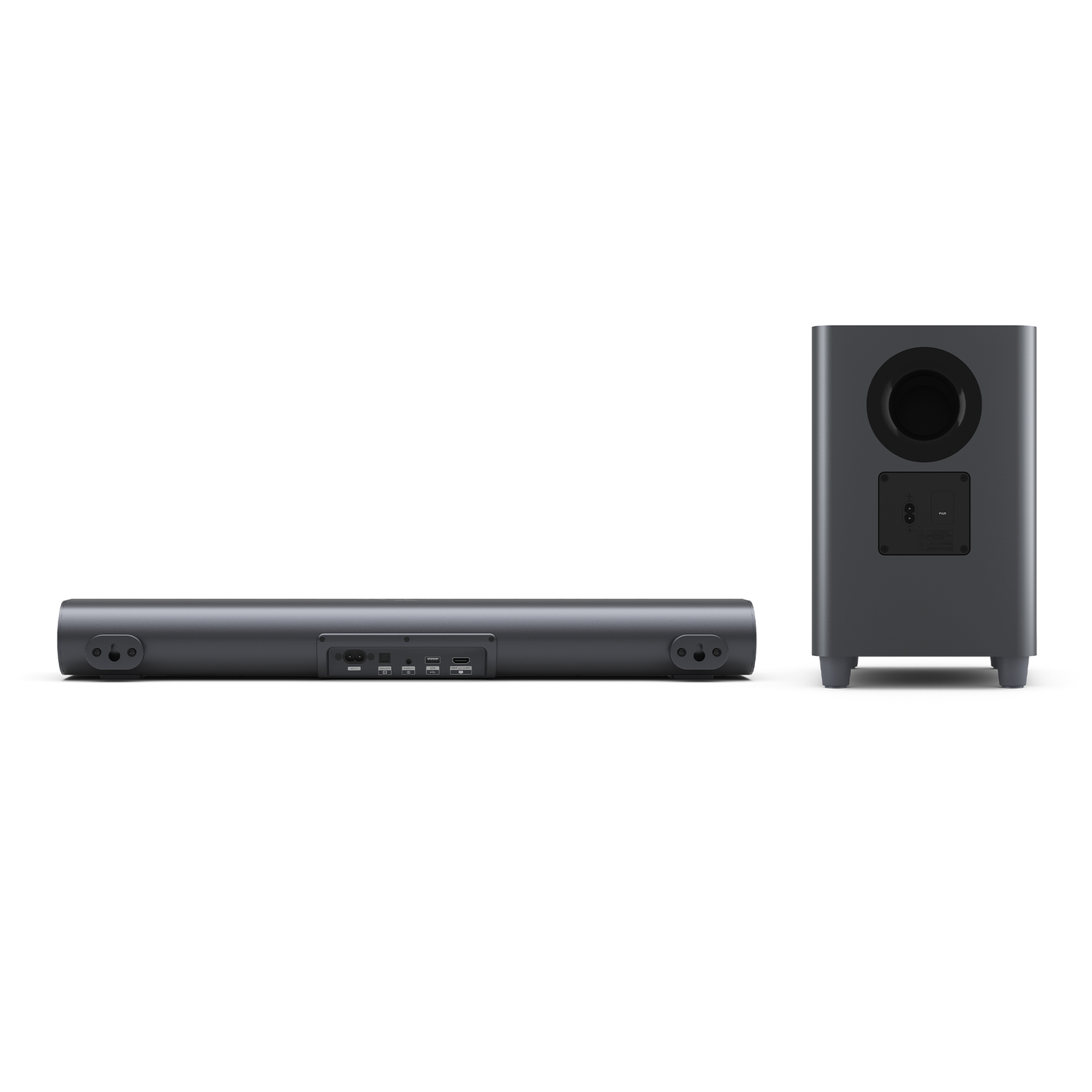 Een donkergrijze soundbar en subwoofer op een witte achtergrond. De soundbar is horizontaal, de subwoofer verticaal.