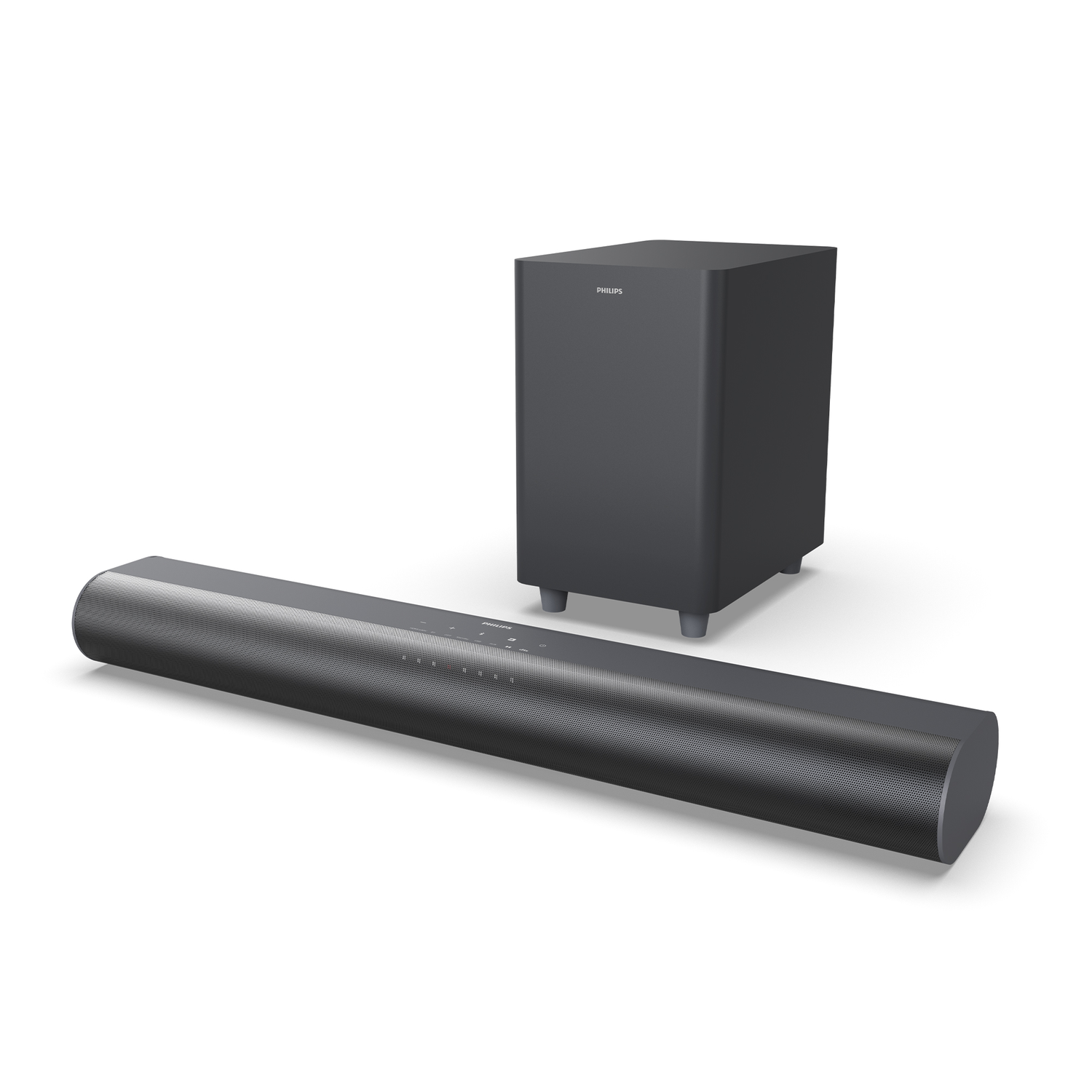 Een Philips soundbar en subwoofer. De soundbar is lang en donkergrijs. De subwoofer is een grijze box.