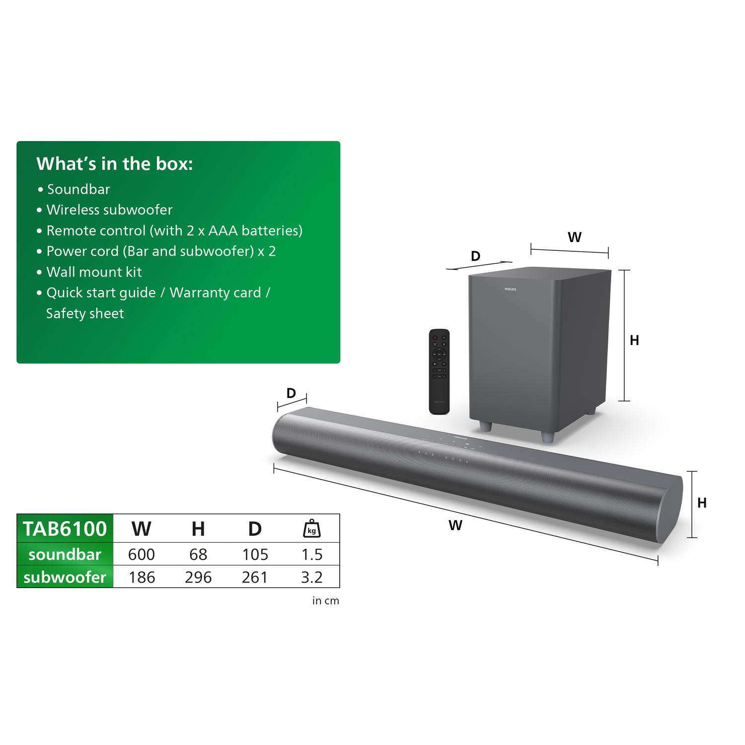 Een soundbar, subwoofer, afstandsbediening en accessoires worden getoond. Afmetingen zijn gelabeld. Tekst geeft de items in de doos weer.