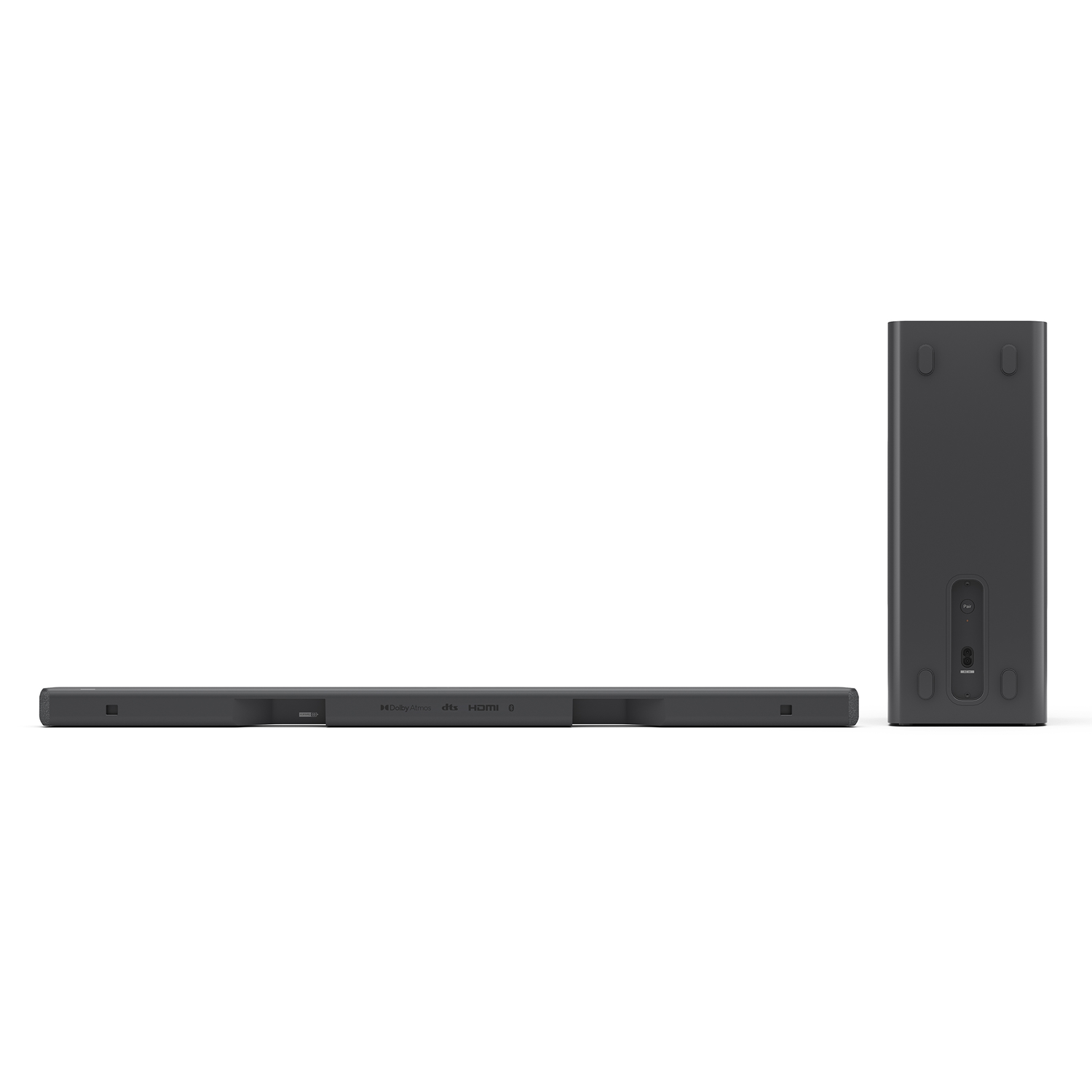 A dark gray soundbar and a matching subwoofer on a white background. The soundbar is horizontal; the subwoofer is vertical.