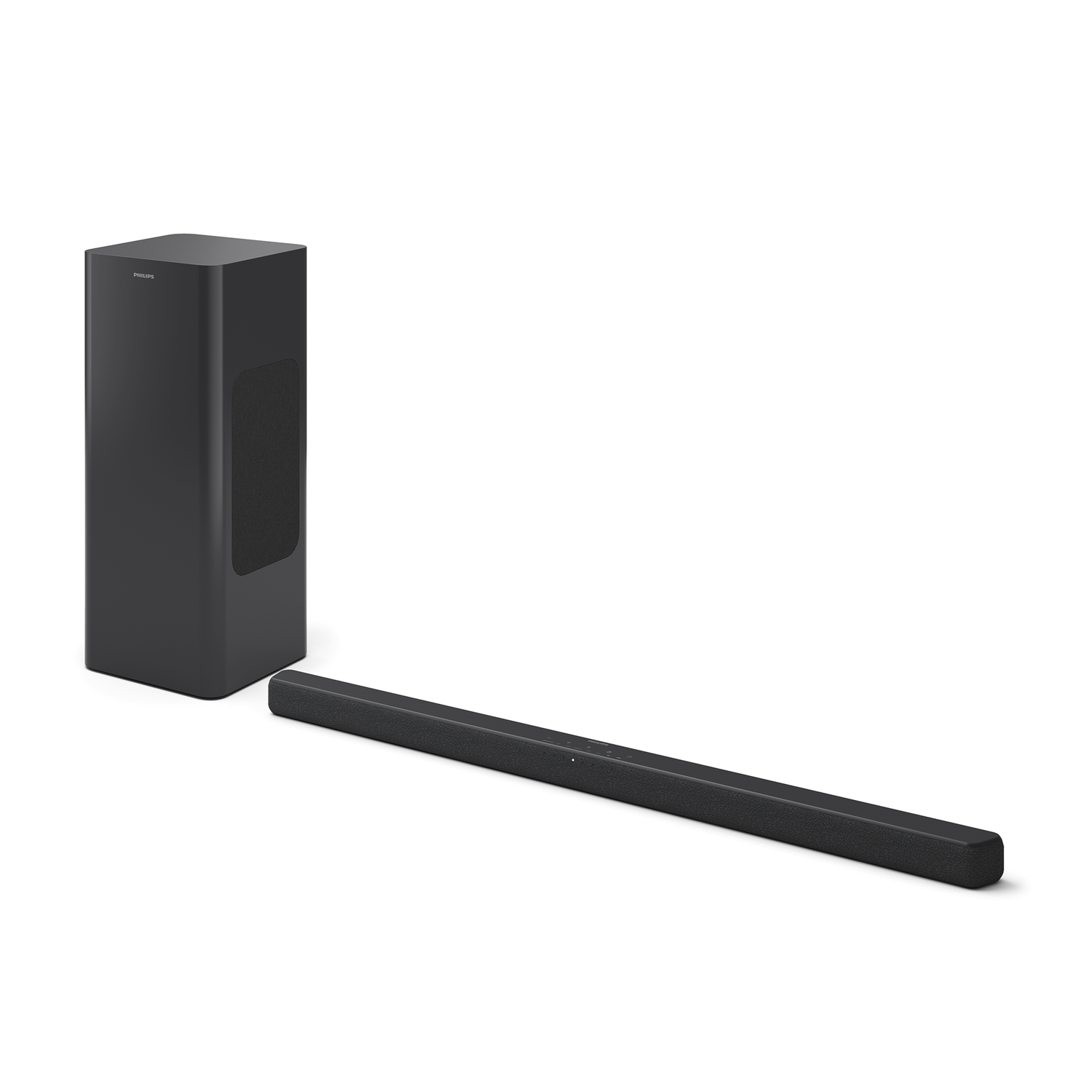 A black soundbar and subwoofer set, angled on a white background. The soundbar is long and thin, the subwoofer is a box.