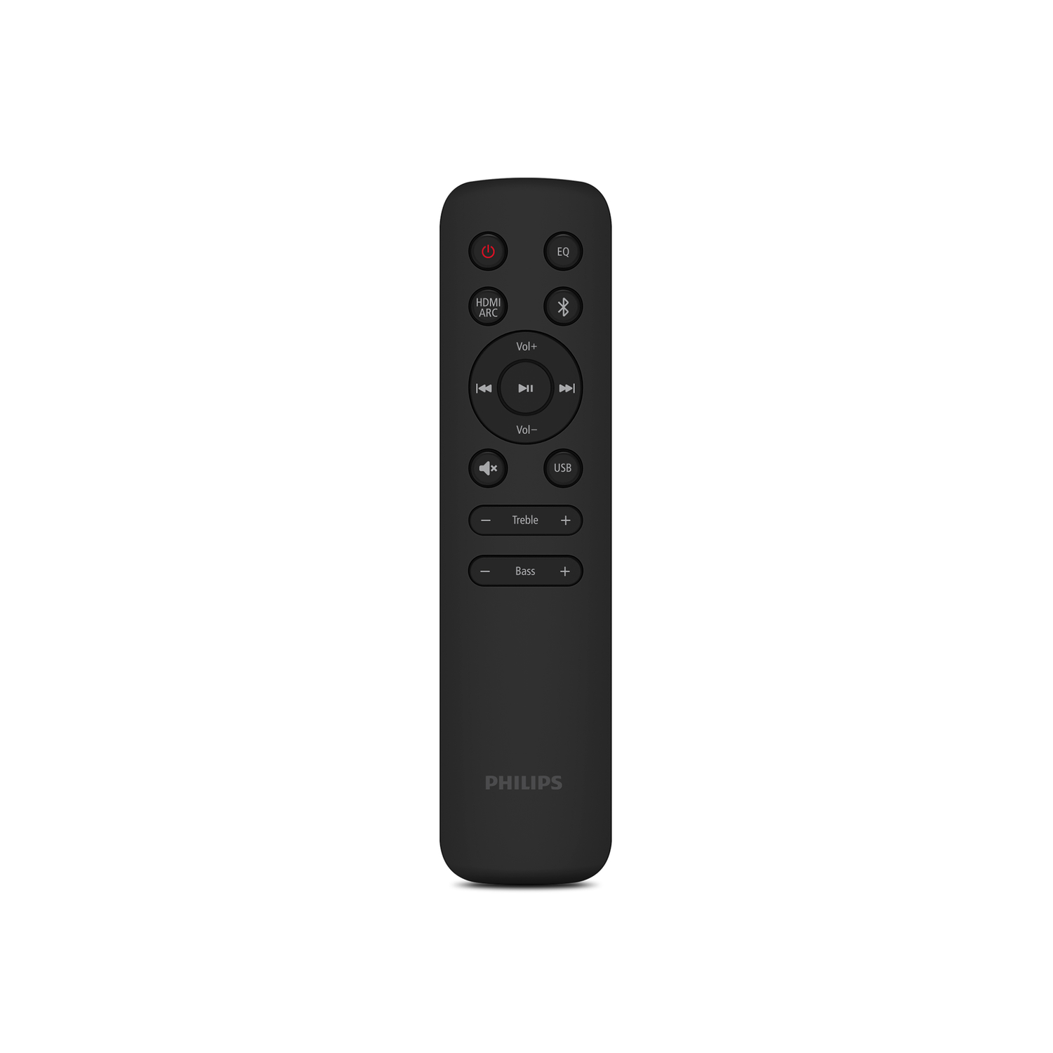 A black Philips remote control with various buttons like power, volume, and bass controls, against a white background.
