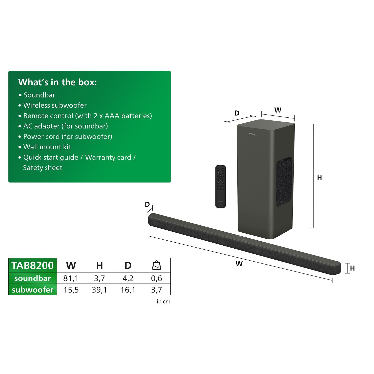 Image shows a soundbar, subwoofer, remote, and accessories. Dimensions are labeled. Text lists contents of the box.