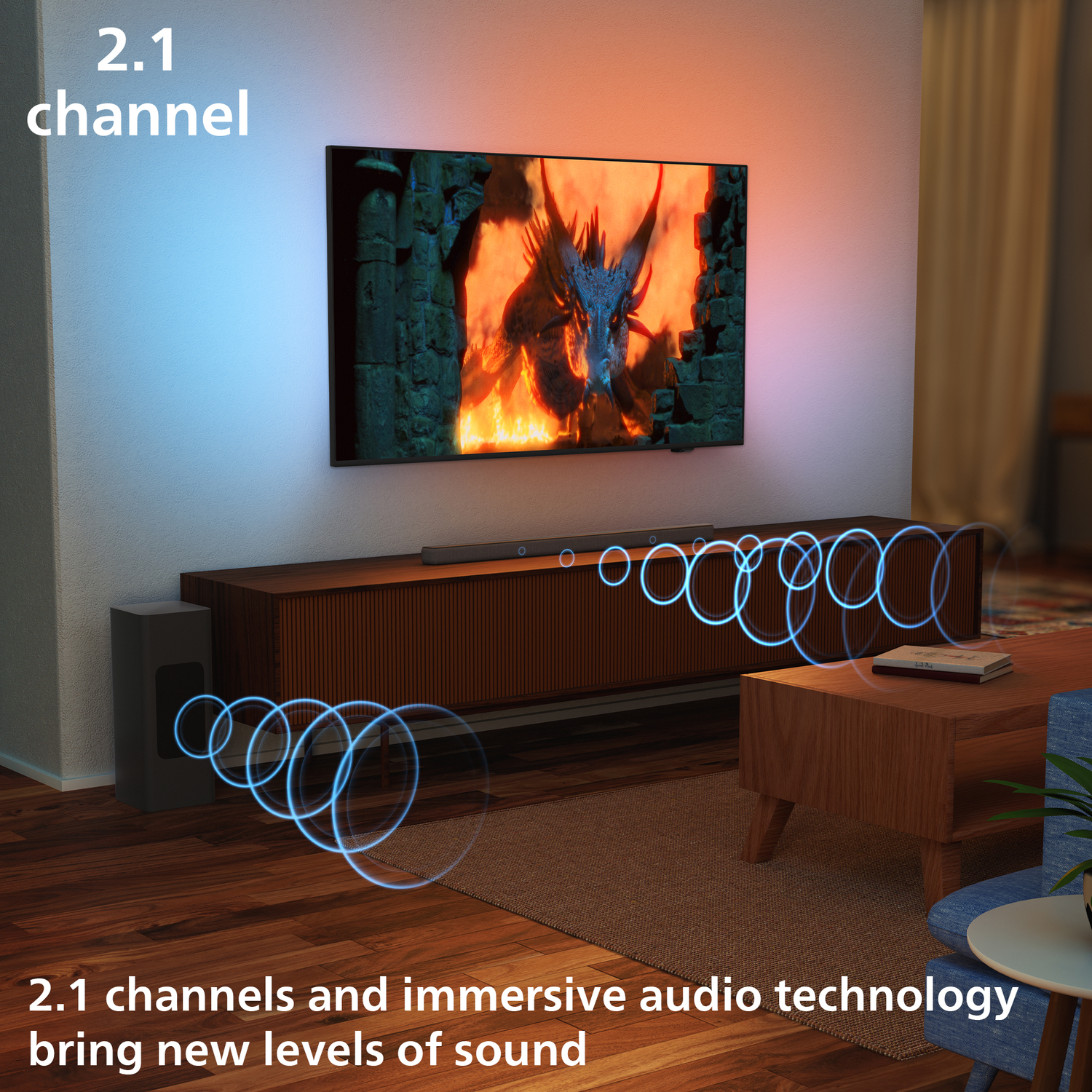 A TV displays a dragon scene. A soundbar and subwoofer are below. Blue sound waves emanate from the system.