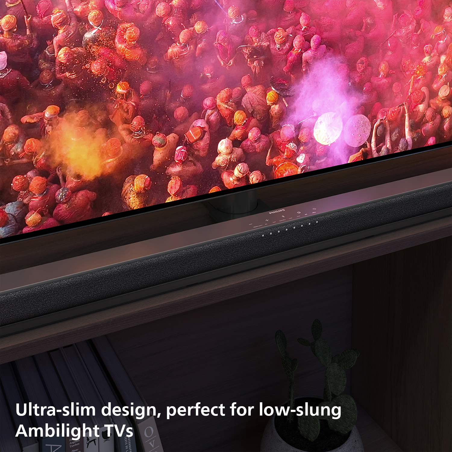 TV displaying a crowd covered in colored powder. Below, a soundbar and a dark wooden shelf with a small potted plant.