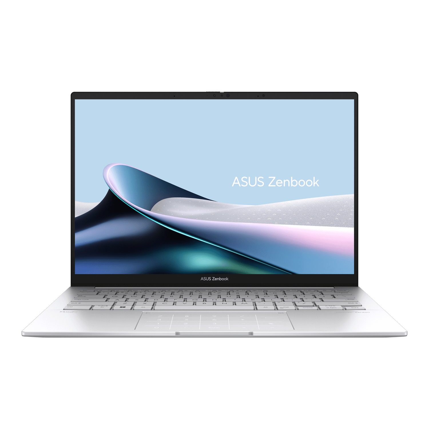 Portátil ASUS Zenbook plateado sobre fondo negro. La pantalla muestra un diseño de onda con texto ASUS Zenbook.