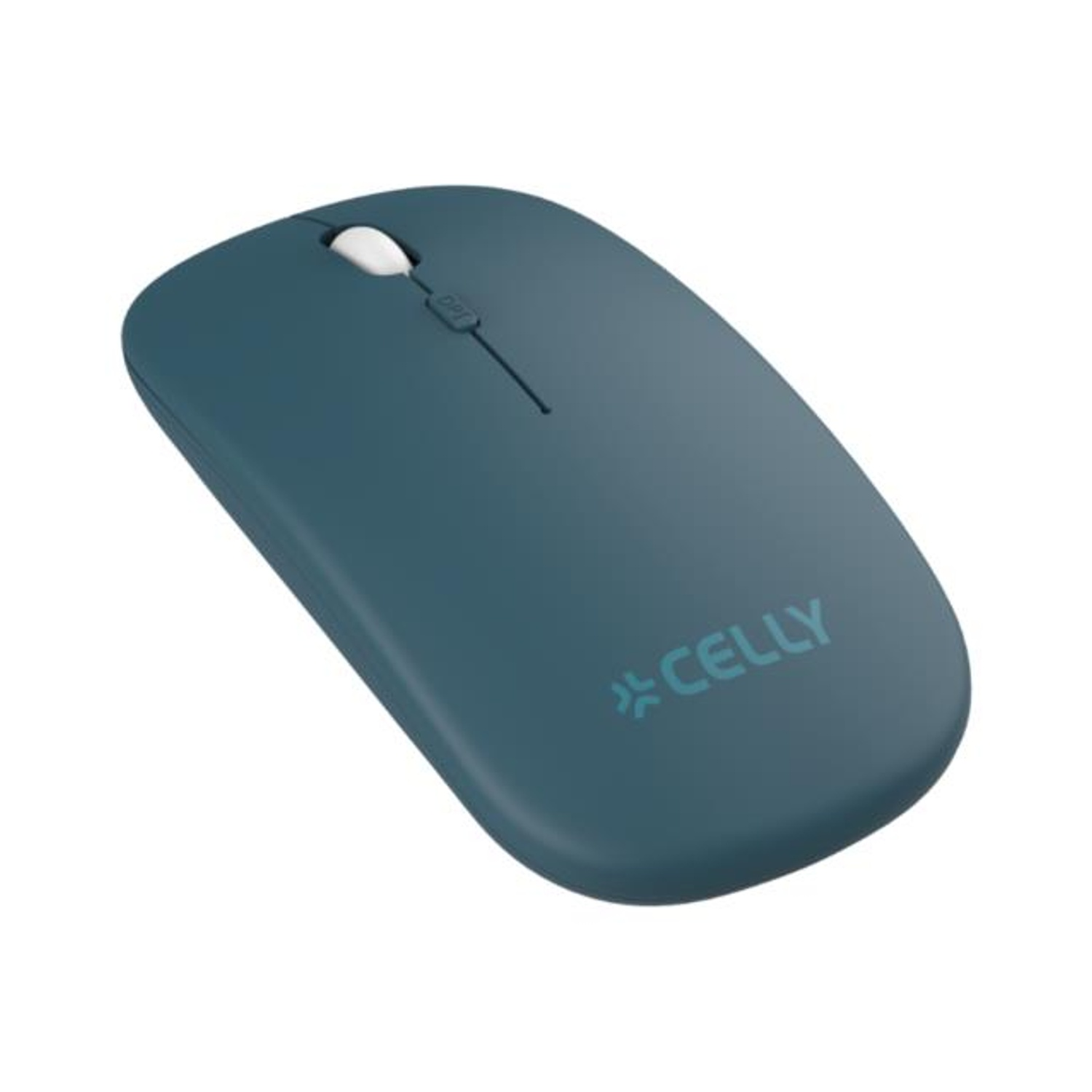 Un mouse wireless turchese con una rotellina e il marchio Celly.