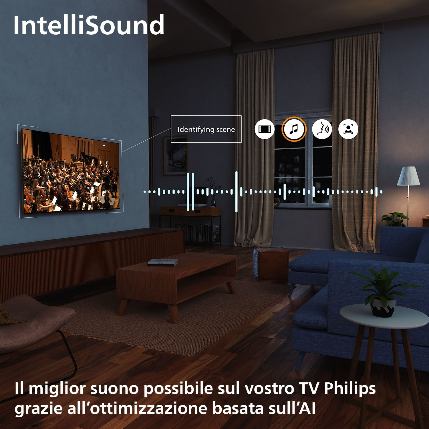 Un soggiorno con una TV che mostra un'orchestra. La funzione IntelliSound è evidenziata, con icone per l'ottimizzazione del suono.