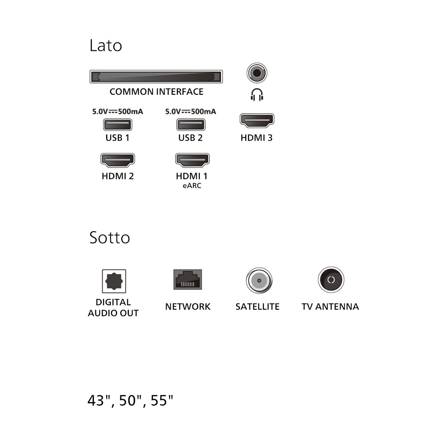 Schema delle porte TV: USB, HDMI, audio, rete, satellite e antenna, etichettate con dimensioni 43", 50" e 55".
