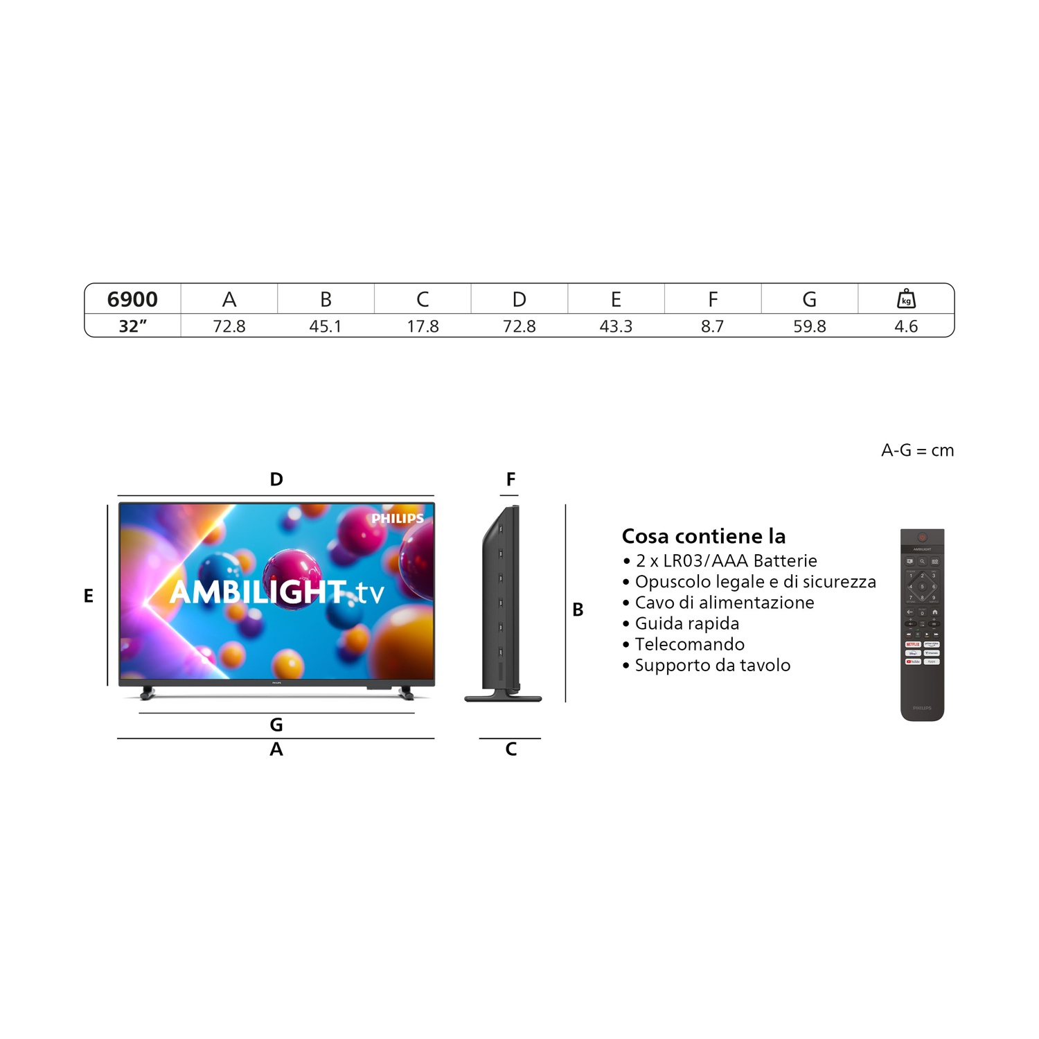 Un televisore Philips Ambilight con dimensioni, un telecomando e un elenco di elementi inclusi come batterie e cavo di alimentazione.