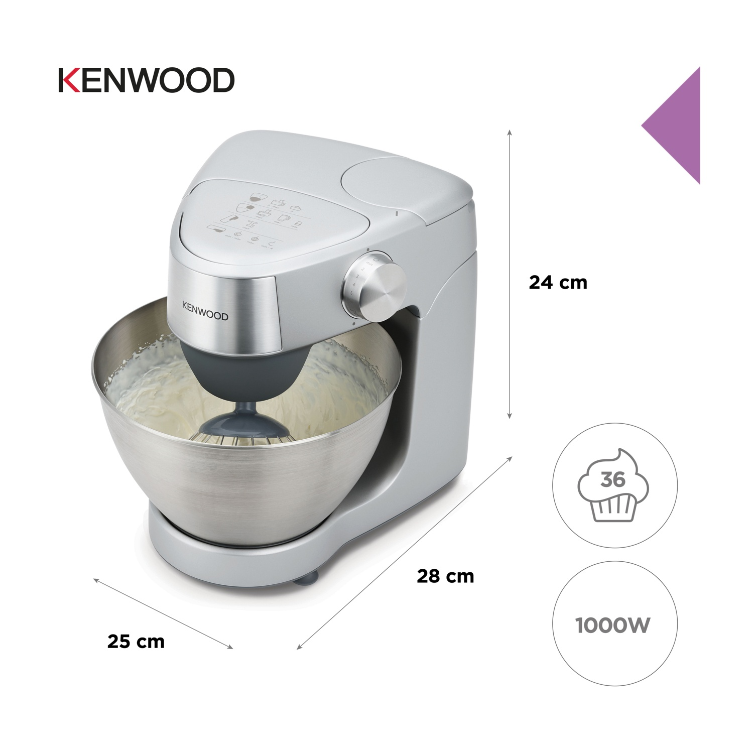 Un robot da cucina Kenwood argentato con una ciotola in acciaio inox piena di panna. Vengono visualizzate dimensioni e potenza.