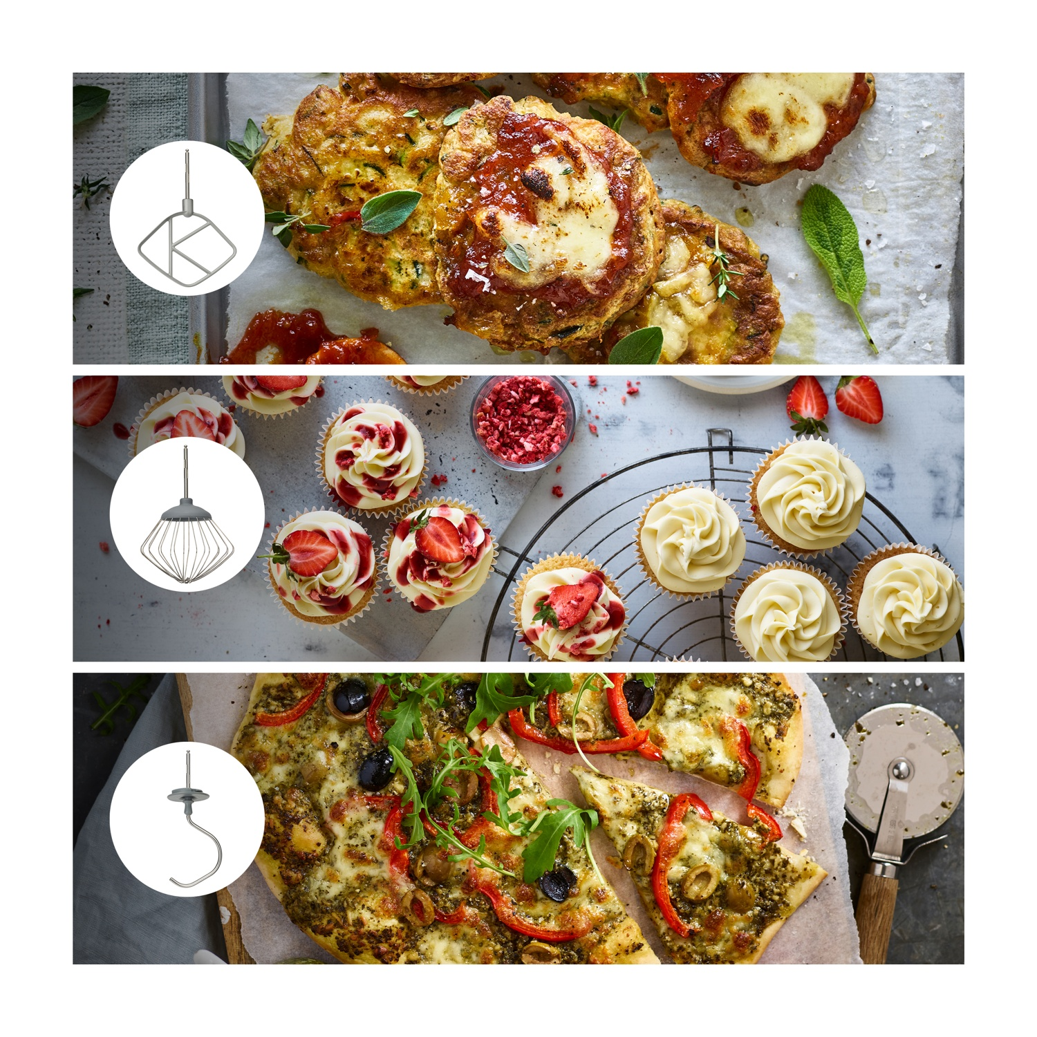 L'immagine mostra tre sezioni: piatti salati, cupcake e pizza, ciascuna con un accessorio per mixer.