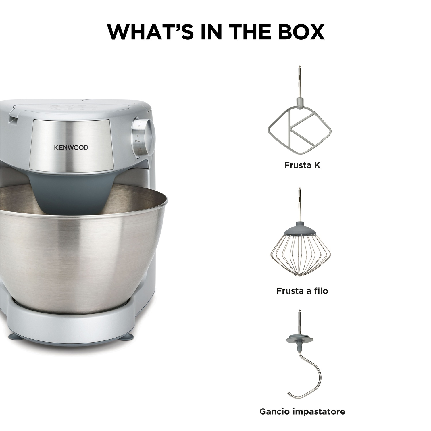 Un robot da cucina Kenwood con tre accessori: una frusta K, una frusta a filo e un gancio impastatore. È argentato e grigio con una ciotola in acciaio inossidabile.