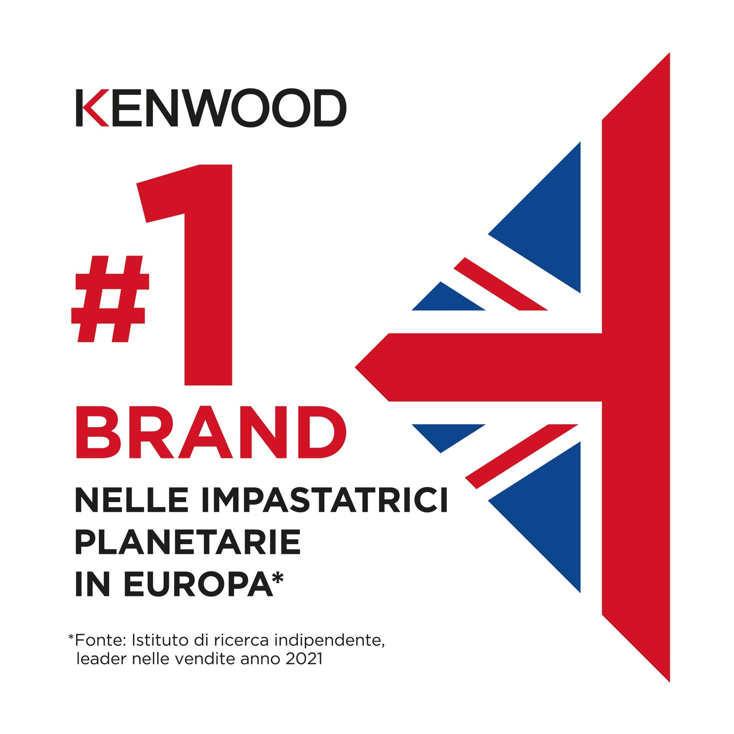 Grafica del marchio Kenwood con un grande 1 rosso e il design Union Jack, che indica che è il marchio numero 1 in Europa.