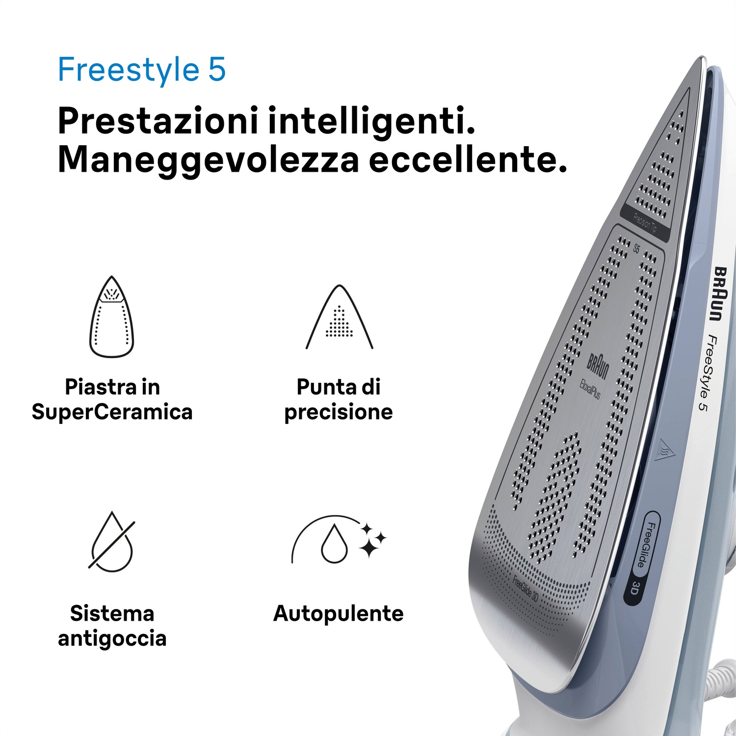 Un ferro da stiro con piastra grigia e corpo bianco e blu. I testi descrivono caratteristiche come SuperCeramica, punta di precisione e sistema antigoccia.