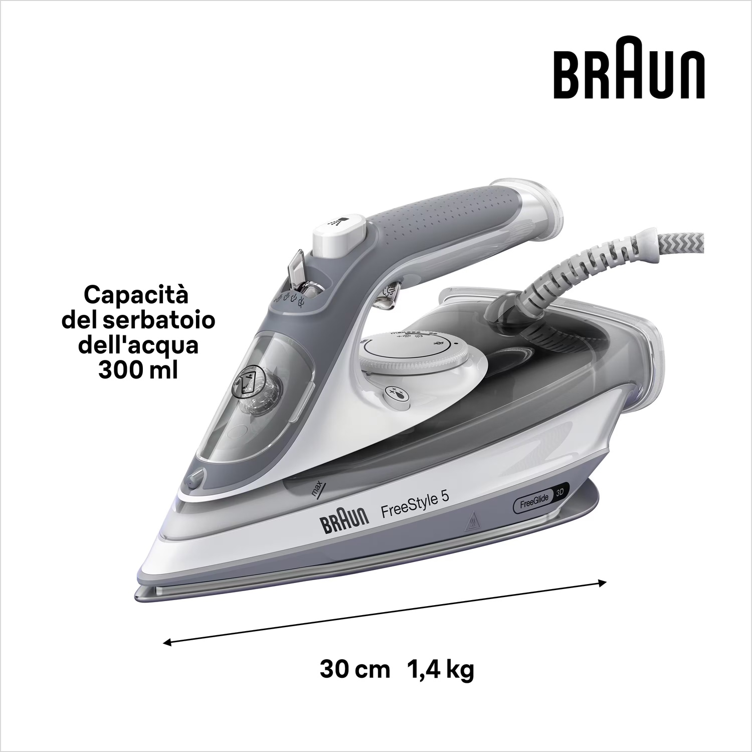 Un ferro da stiro su sfondo bianco. È grigio e bianco, con il marchio Braun. Specifiche: 30 cm, 1,4 kg e capacità acqua 300 ml.