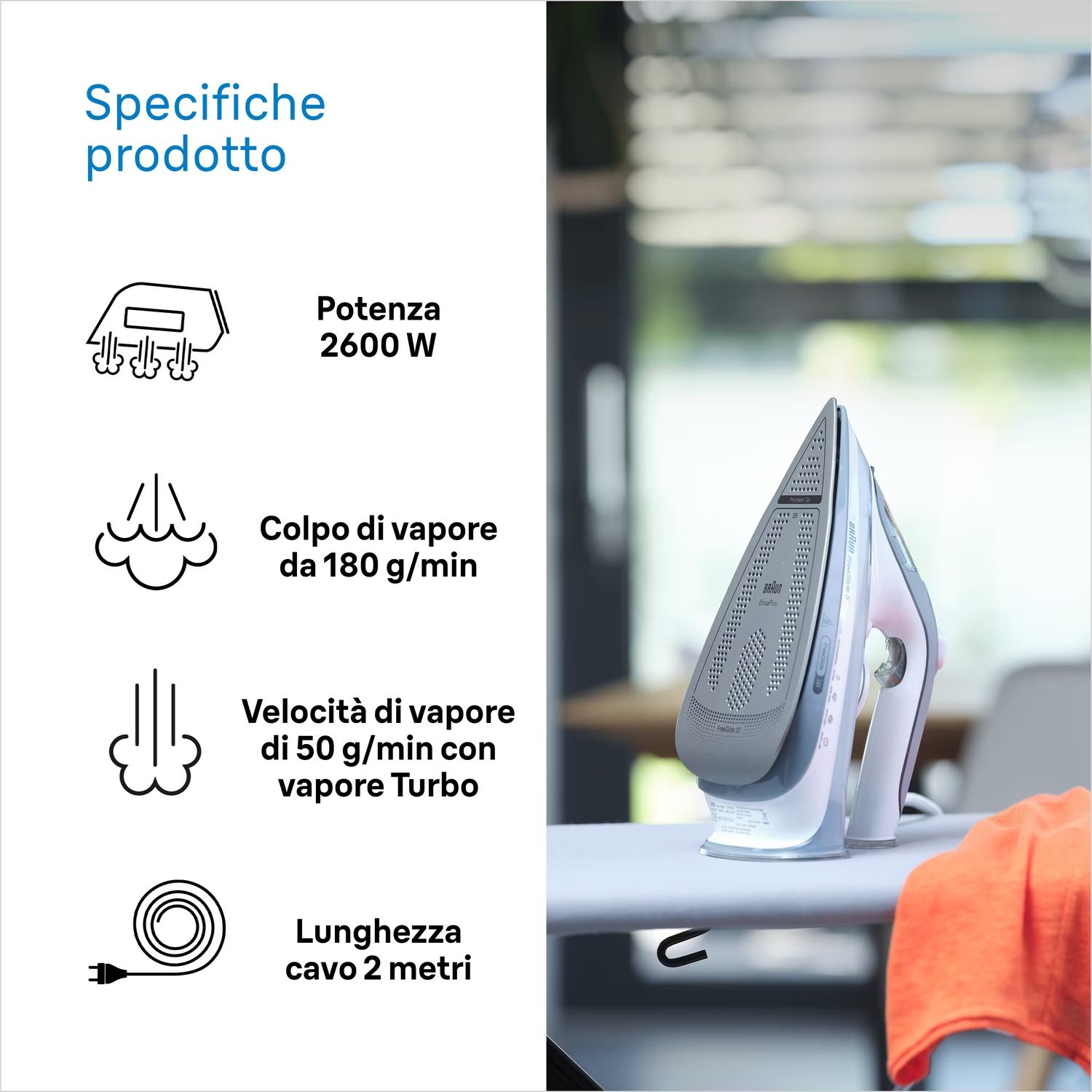 Un ferro da stiro su un'asse da stiro con un panno arancione. Il testo a sinistra descrive le specifiche del prodotto.