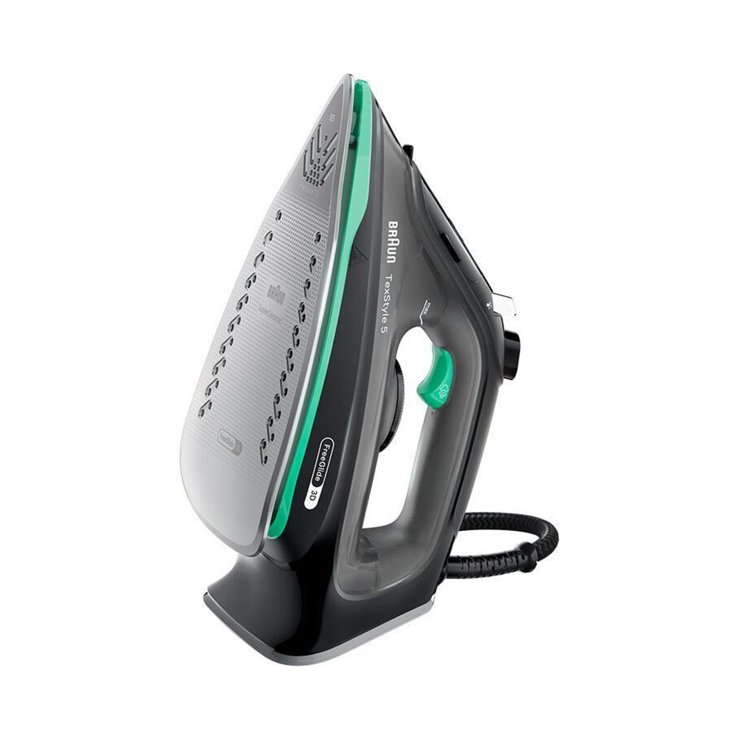 Un ferro da stiro nero e grigio con manico e dettagli verdi, il Braun TexStyle 5, su sfondo bianco.