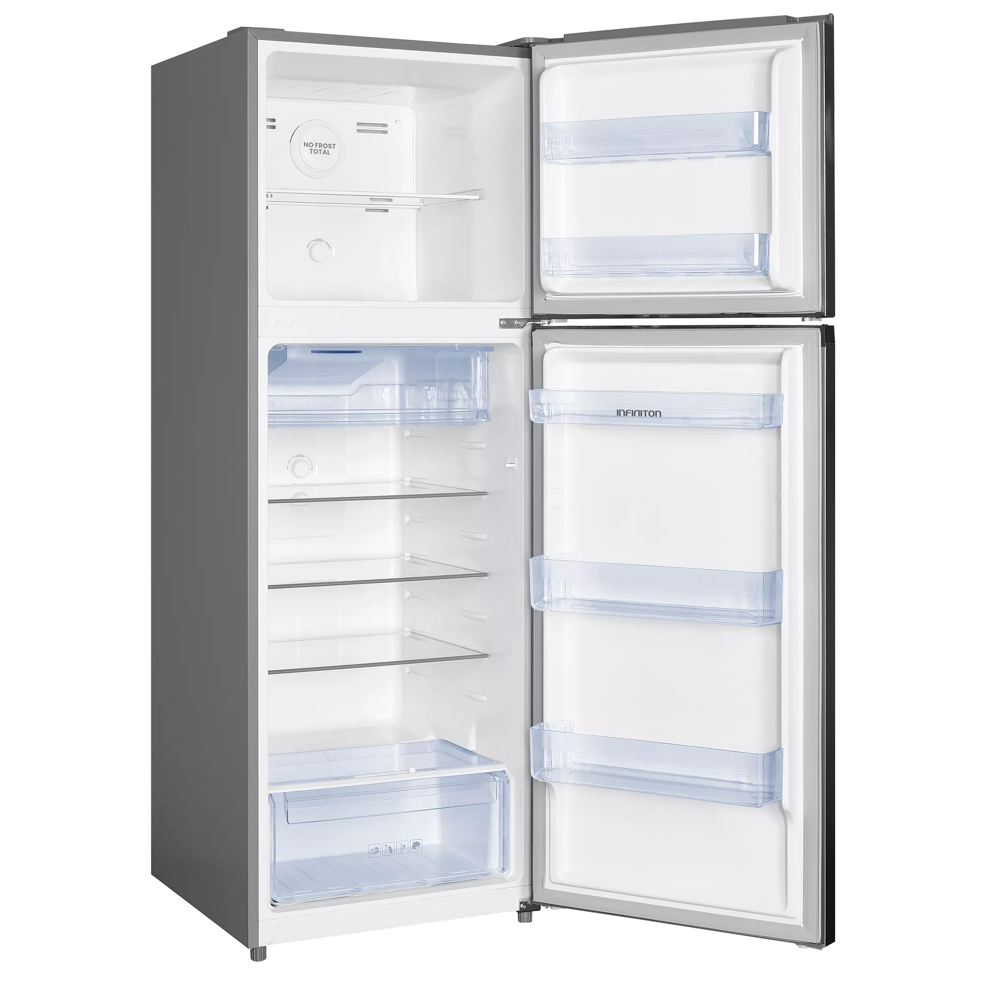 Un refrigerador plateado abierto. El congelador está en la parte superior. El refrigerador tiene estantes, cajones y detalles de plástico azul.