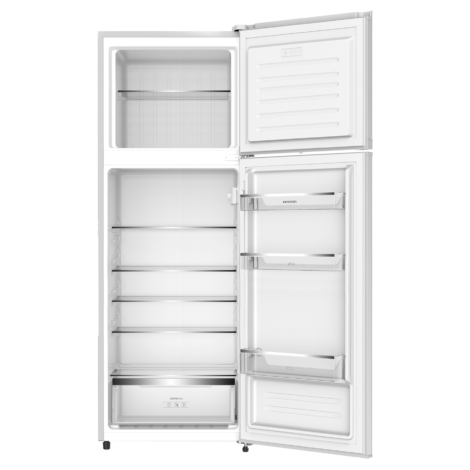 Refrigerador blanco abierto con estantes y cajones. Puerta del congelador abierta arriba. Puerta del refrigerador abierta, mostrando estantes y cajón.