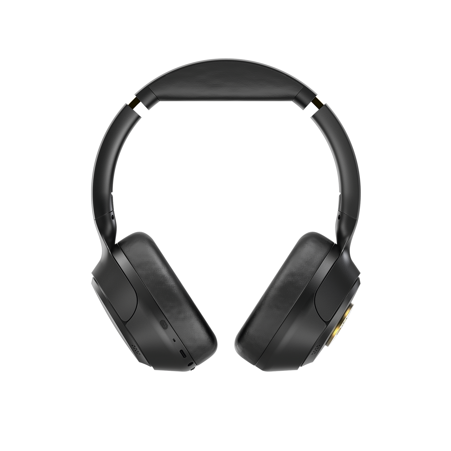 Auriculares negros sobre fondo gris. Los auriculares están centrados, mostrando la parte superior y las orejeras.