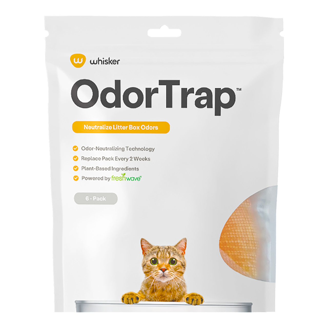 Eine weiße Tüte mit 'OdorTrap' Katzenstreu. Eine getigerte Katze blickt über eine graue Box. Textdetails Geruchsneutralisierung und Inhaltsstoffe.