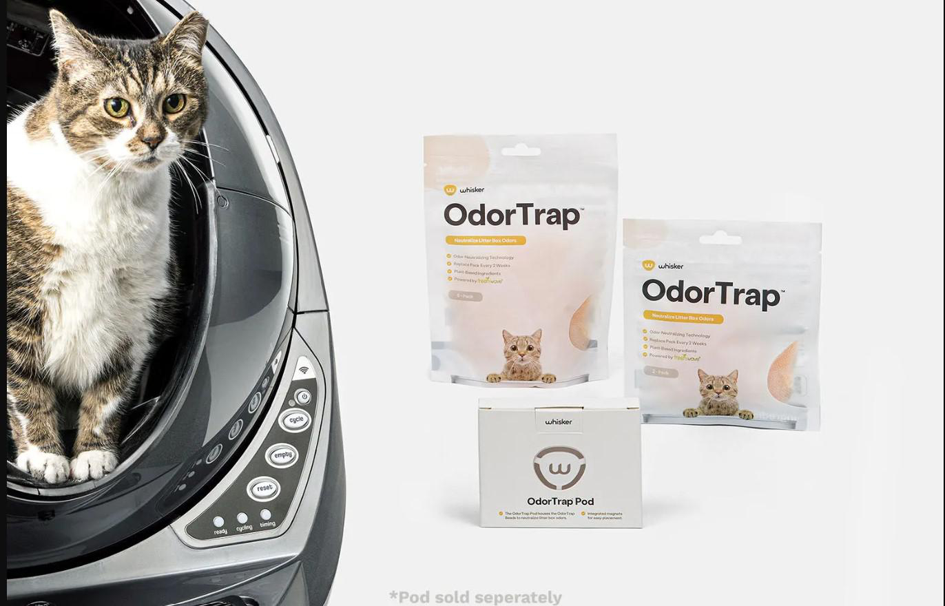 Eine Katze sitzt in einer grauen Katzentoilette. OdorTrap-Produkte werden angezeigt. Die Katze hat braunes und weißes Fell und schaut in die Kamera.