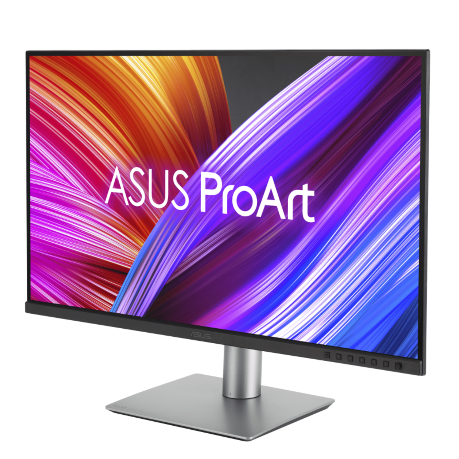 ASUS ProArt monitor displaying a colorful abstract image. It has a silver stand and a black frame on a black background.