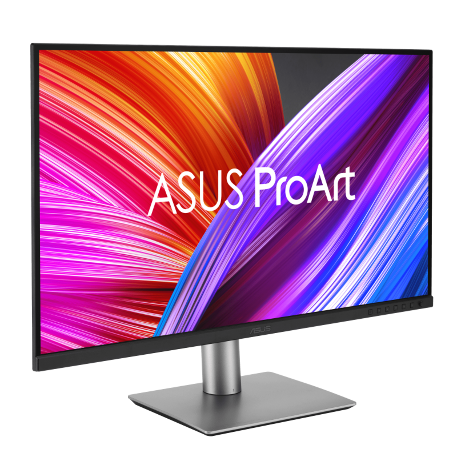 An ASUS ProArt monitor displays a colorful abstract graphic. The monitor is on a silver stand, set against a black background.